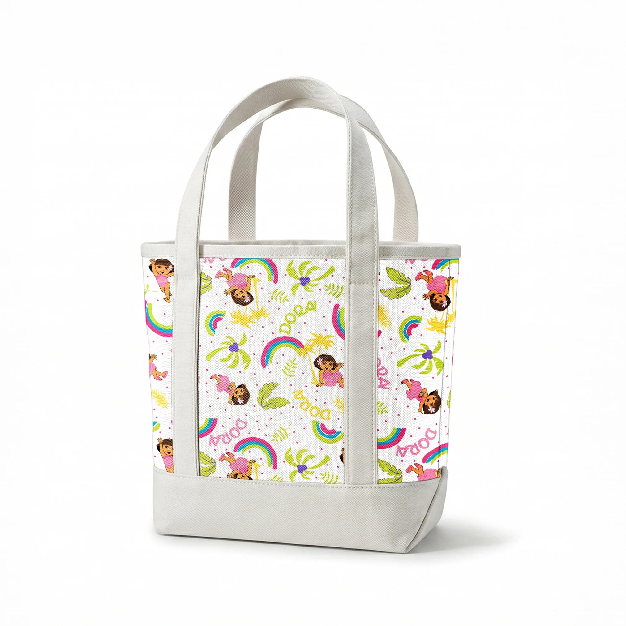 Cartoon pattern with colorful rainbows, Dora the Explorer characters, green leaves, and yellow leaves on white background springs canvastote mockup