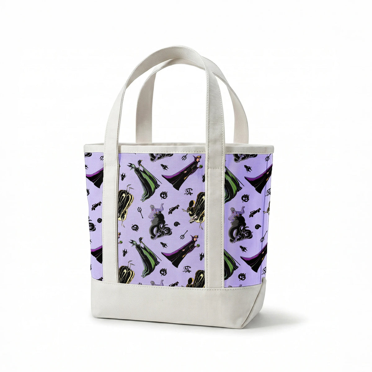 Disney villain characters pattern on purple background, featuring Maleficent and other iconic antagonists in stylized form springs canvastote mockup