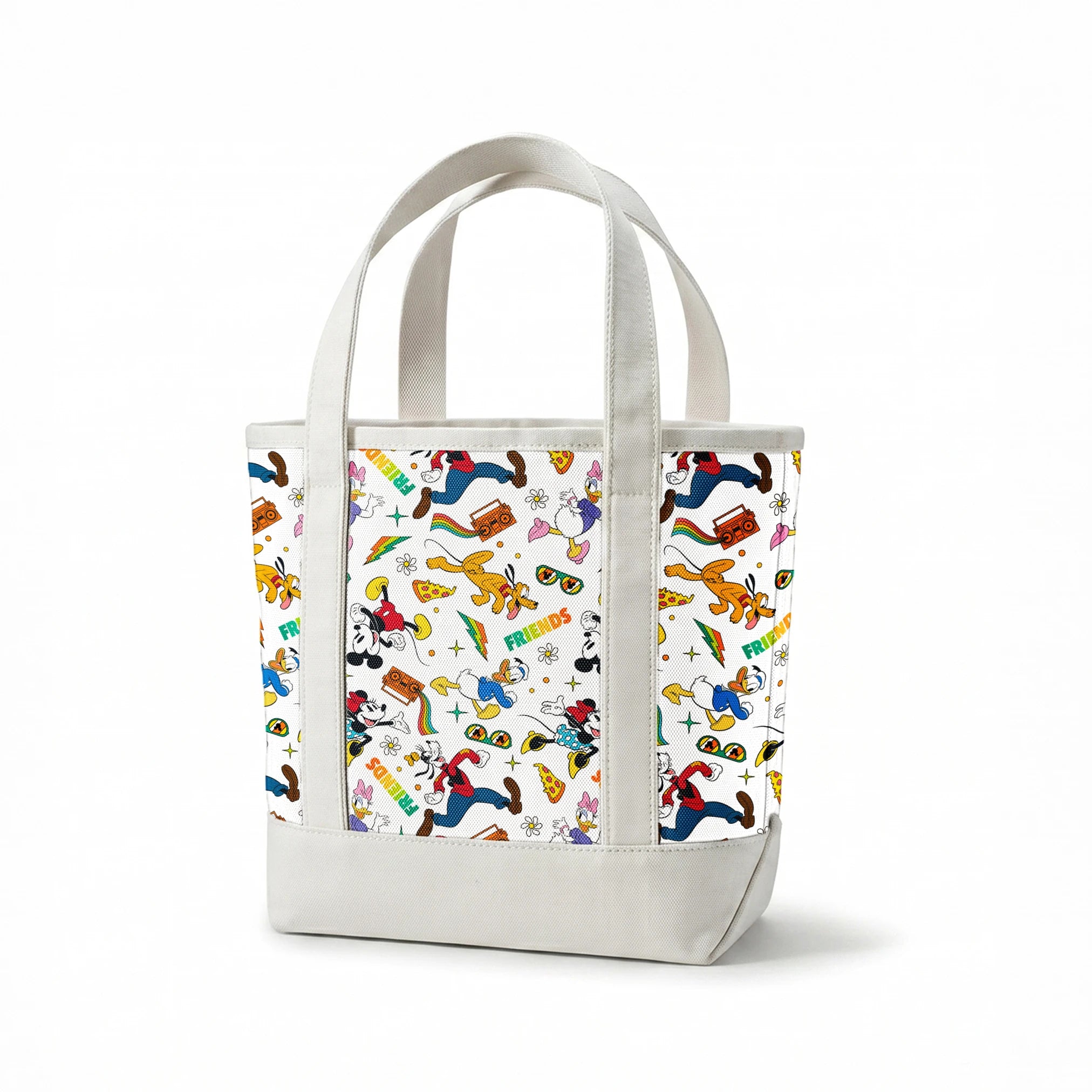 Cartoon pattern featuring classic Disney characters with radios, rainbows, sunglasses and "FRIENDS" text on white background. springs canvastote mockup