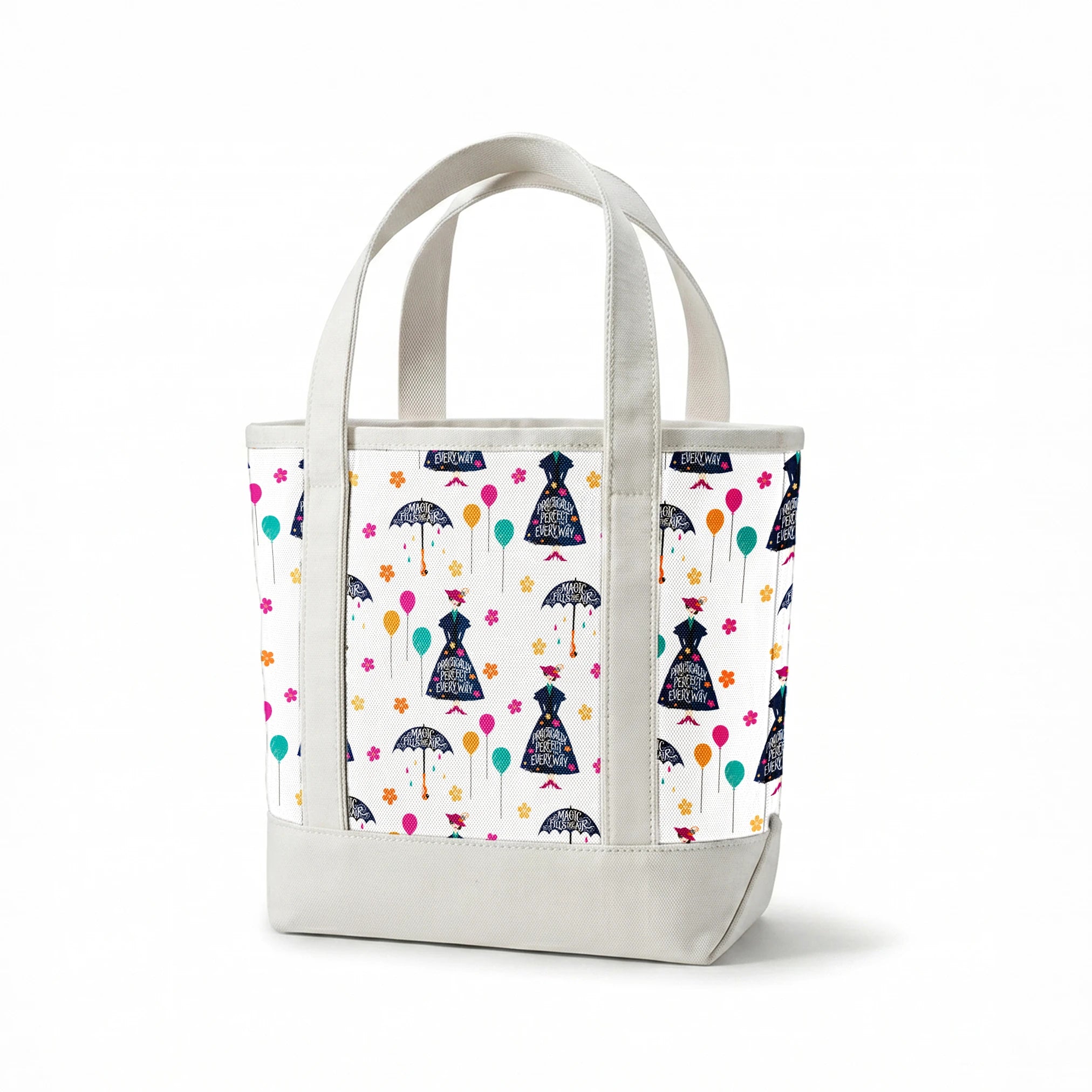 Colorful pattern with Mary Poppins-inspired silhouettes, umbrellas, balloons, and flowers on white background springs canvastote mockup