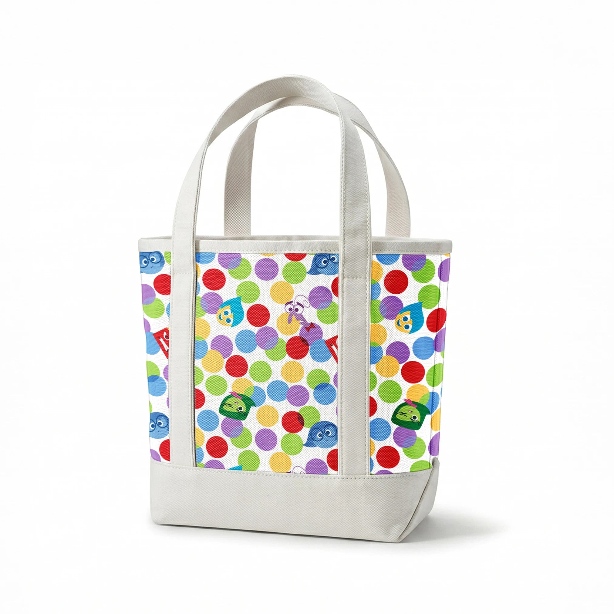 Colorful pattern with Inside Out characters scattered among multicolored polka dots springs canvastote mockup