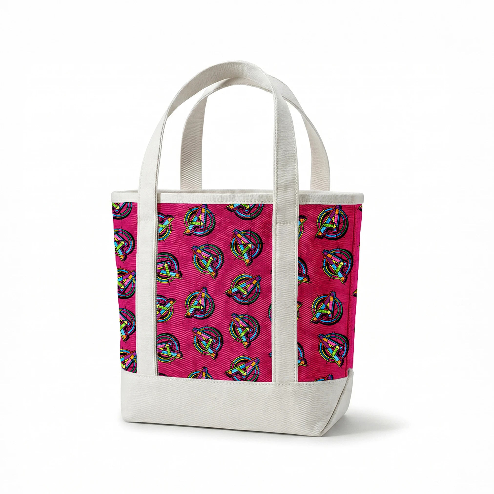 Vibrant Avengers pattern in neon colors on magenta background springs canvastote mockup