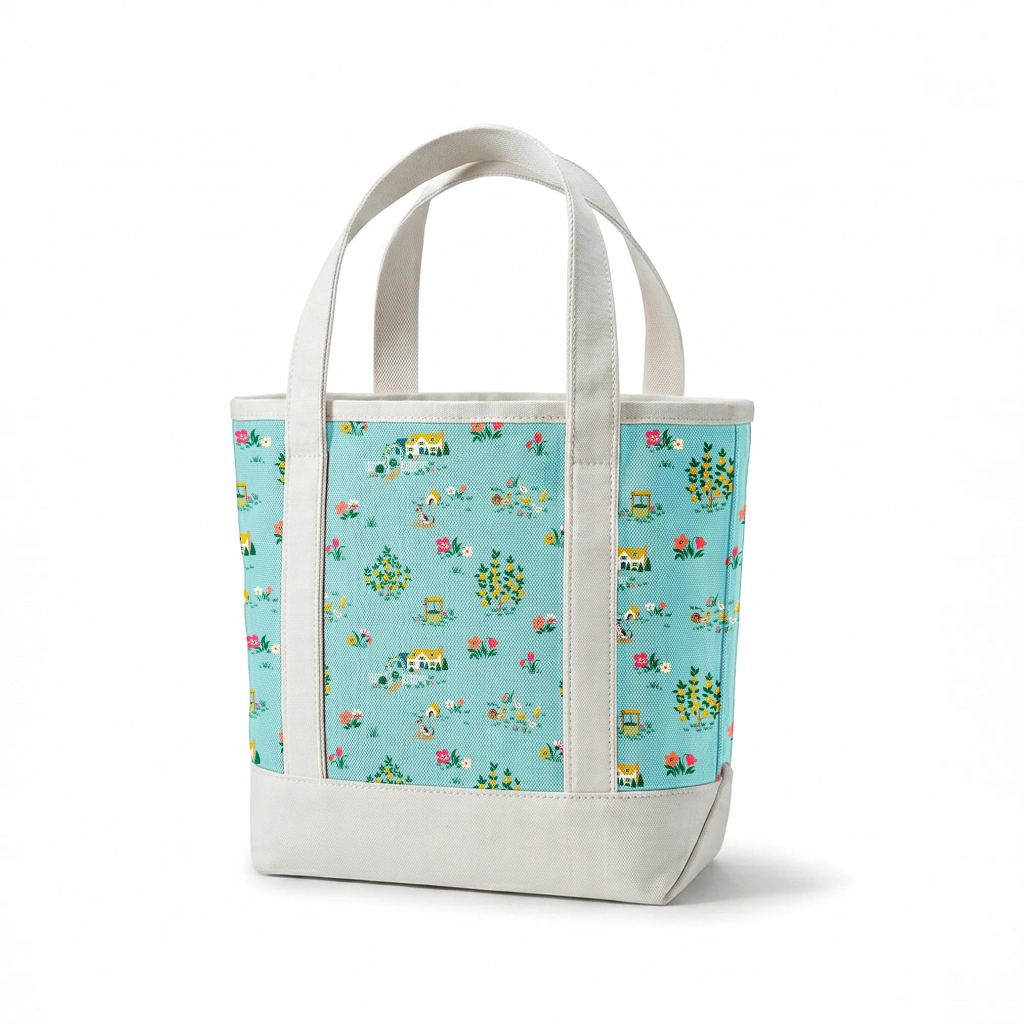 Whimsical light blue pattern with tiny cottages, tulips, and flower gardens in pastel colors springs canvastote mockup