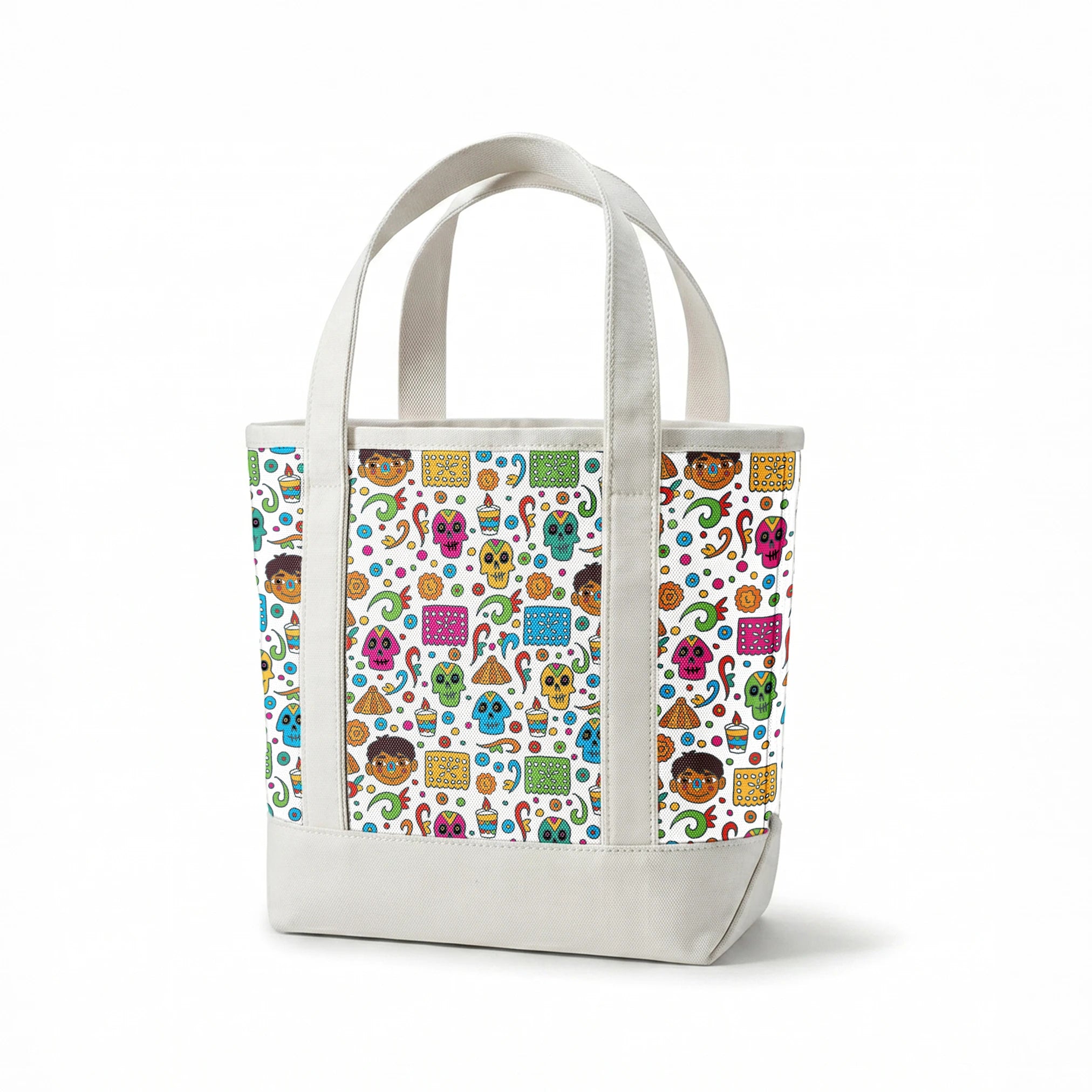 Colorful Coco pattern with sugar skulls, pyramids, swirls, flowers, and cartoon characters on white background springs canvastote mockup