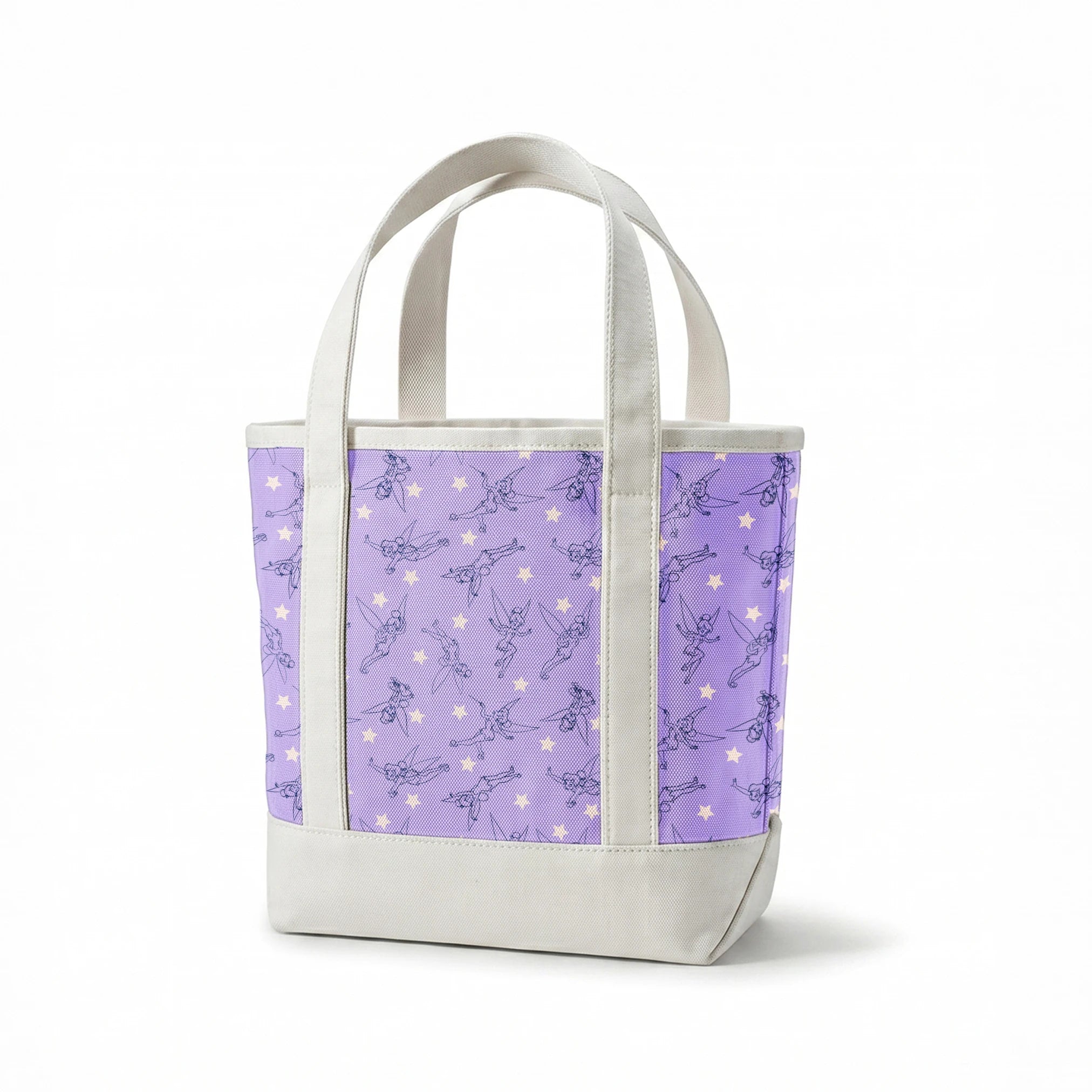 Tinker Bell dancing across a lavender purple background with white stars springs canvastote mockup