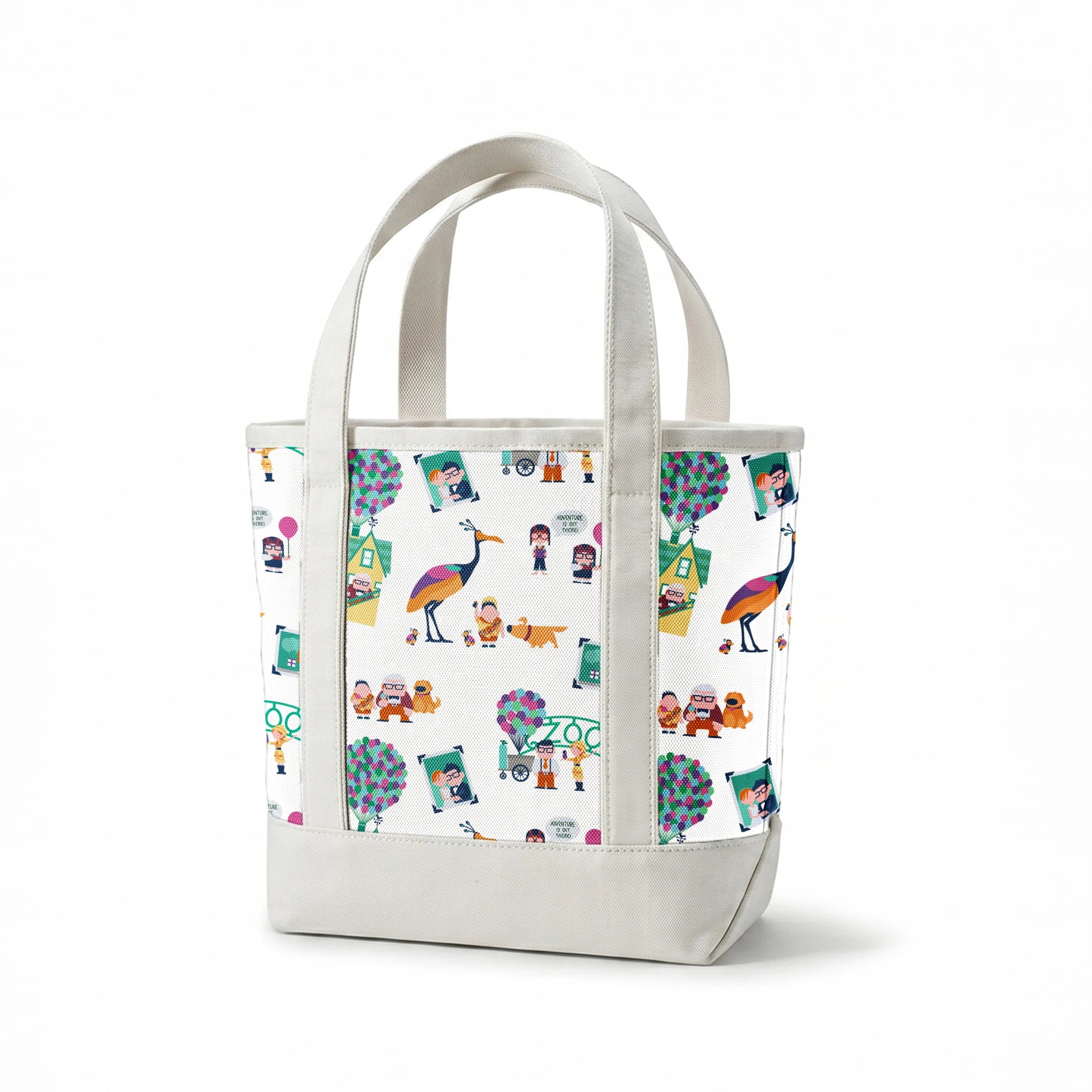 Colorful illustrated Up-inspired zoo pattern with cartoon characters, houses with balloons, peacocks, and family portraits on white background. springs canvastote mockup