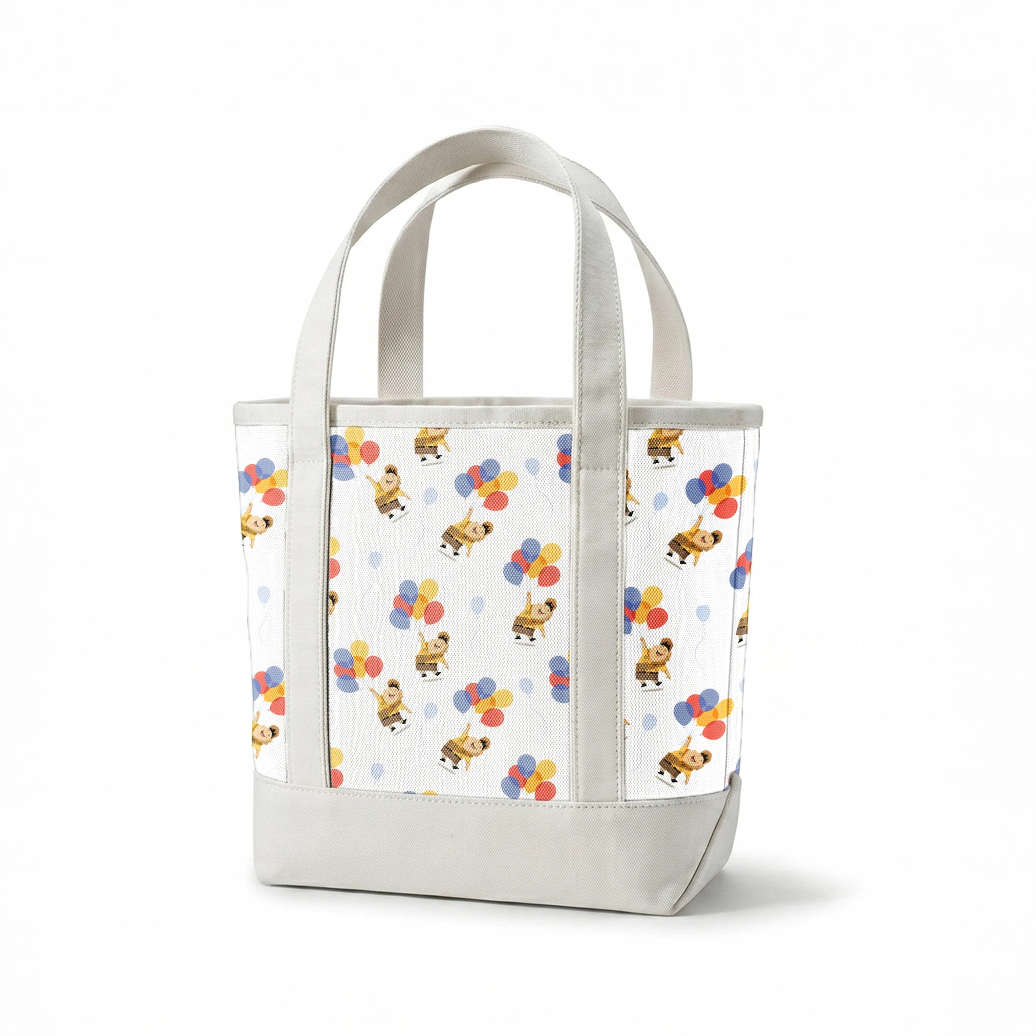 Up's Russell in explorer outfit floating with colorful balloons on white background pattern springs canvastote mockup