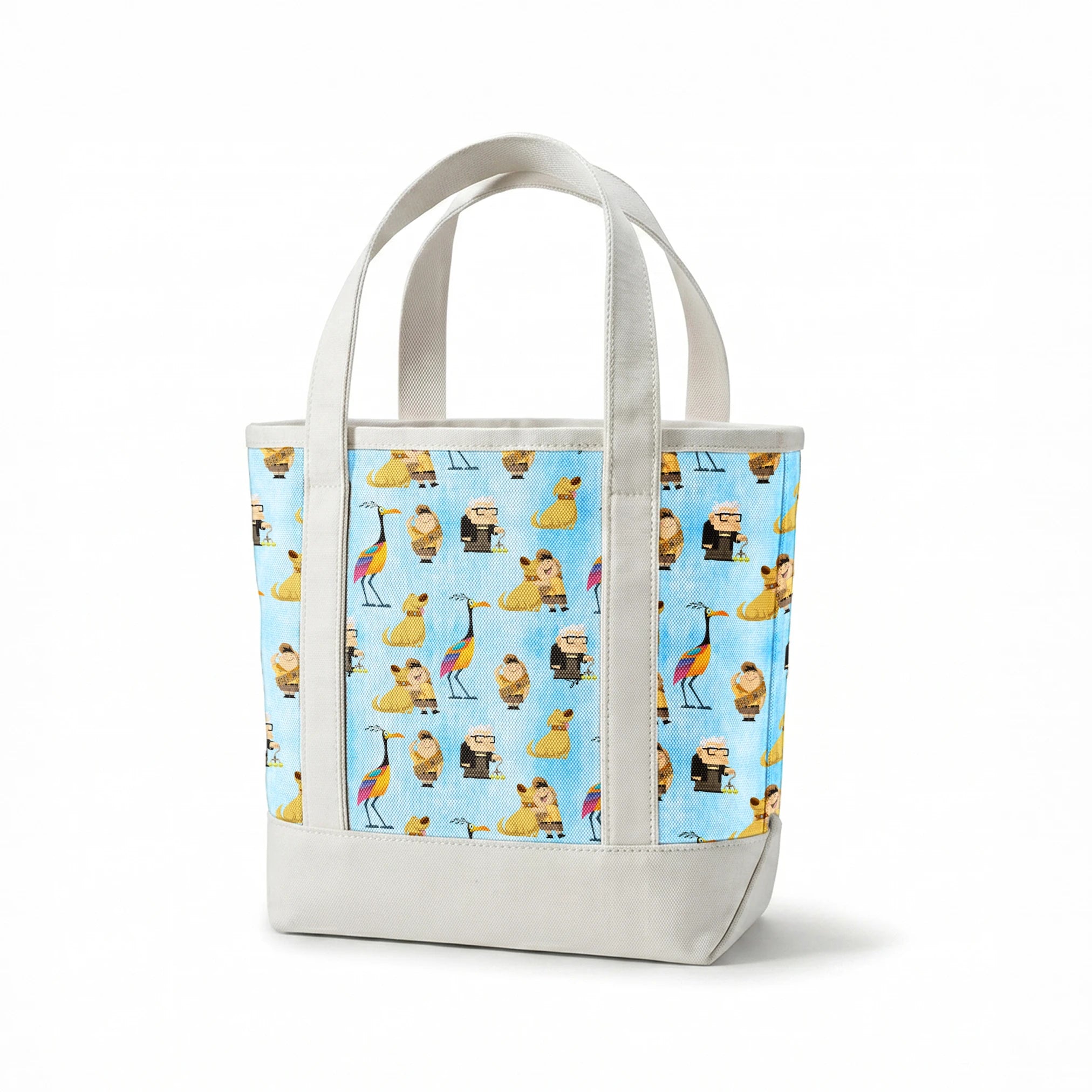 Colorful Up-inspired pattern with cartoon characters including elderly man, explorer, golden dog, and tropical bird on light blue background springs canvastote mockup