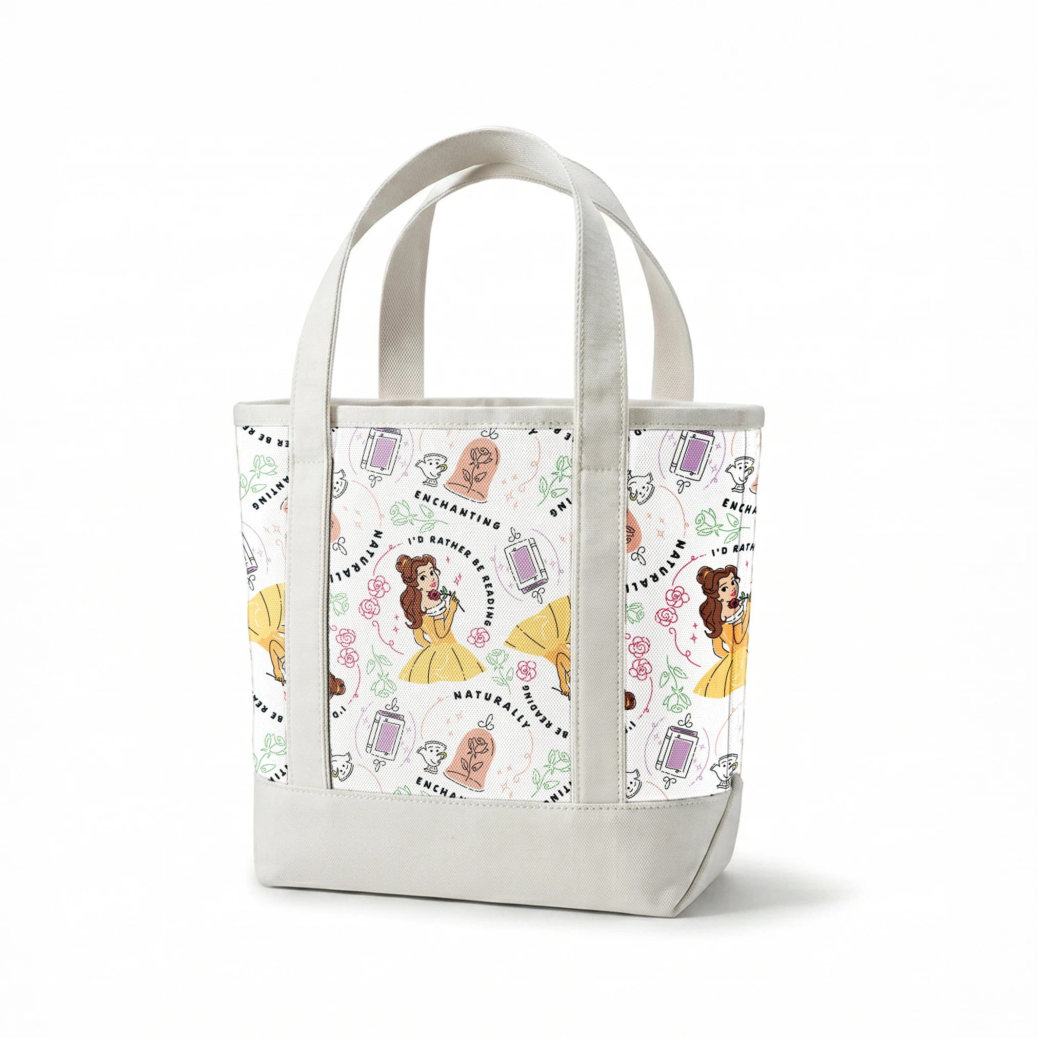 Pattern of cartoon princess in yellow dress with roses, perfume bottles, and phrases like "Enchanting" and "I'd rather be dreaming springs canvastote mockup
