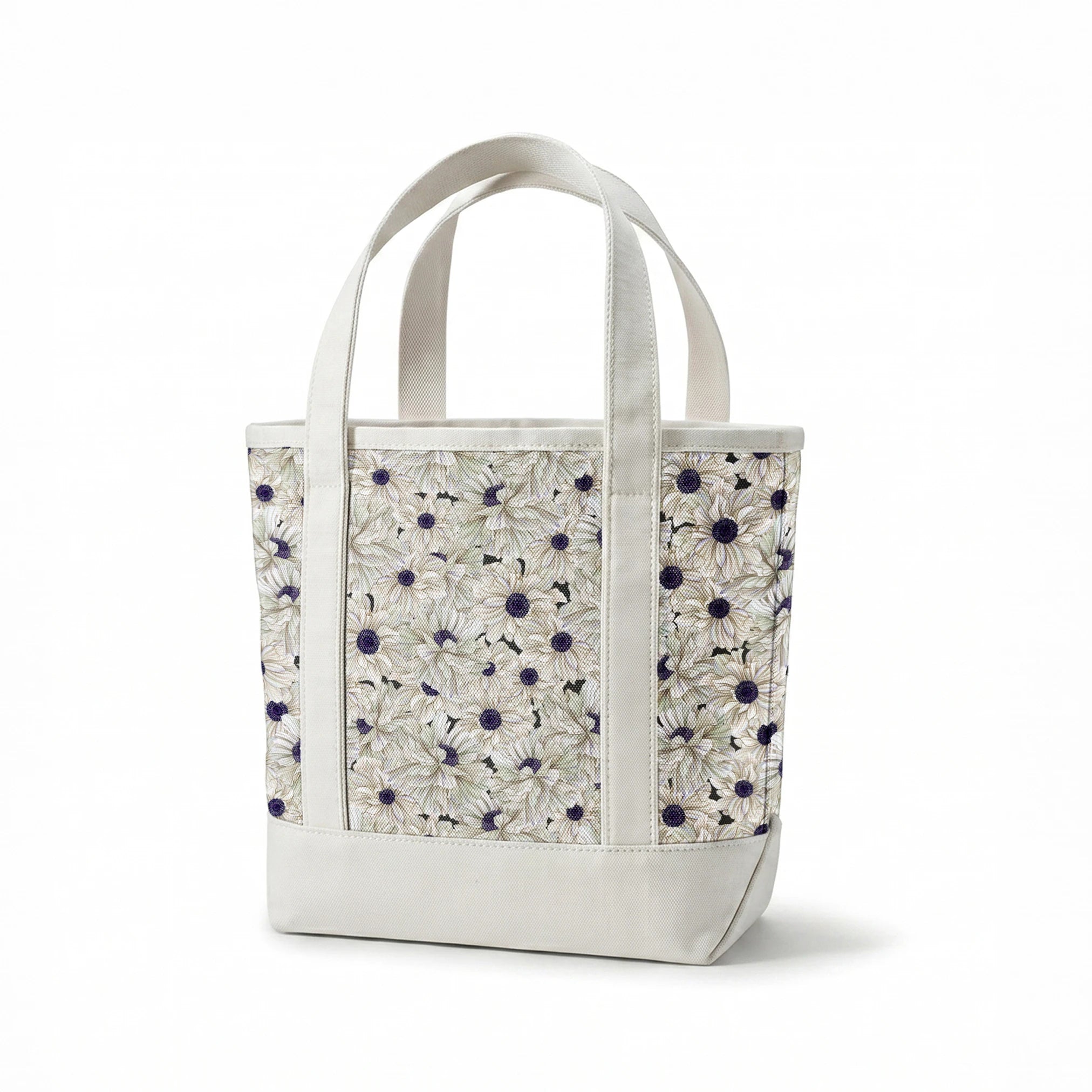 Ivory and indigo packed floral pattern with detailed petal textures and clustered blooms. springs canvastote mockup