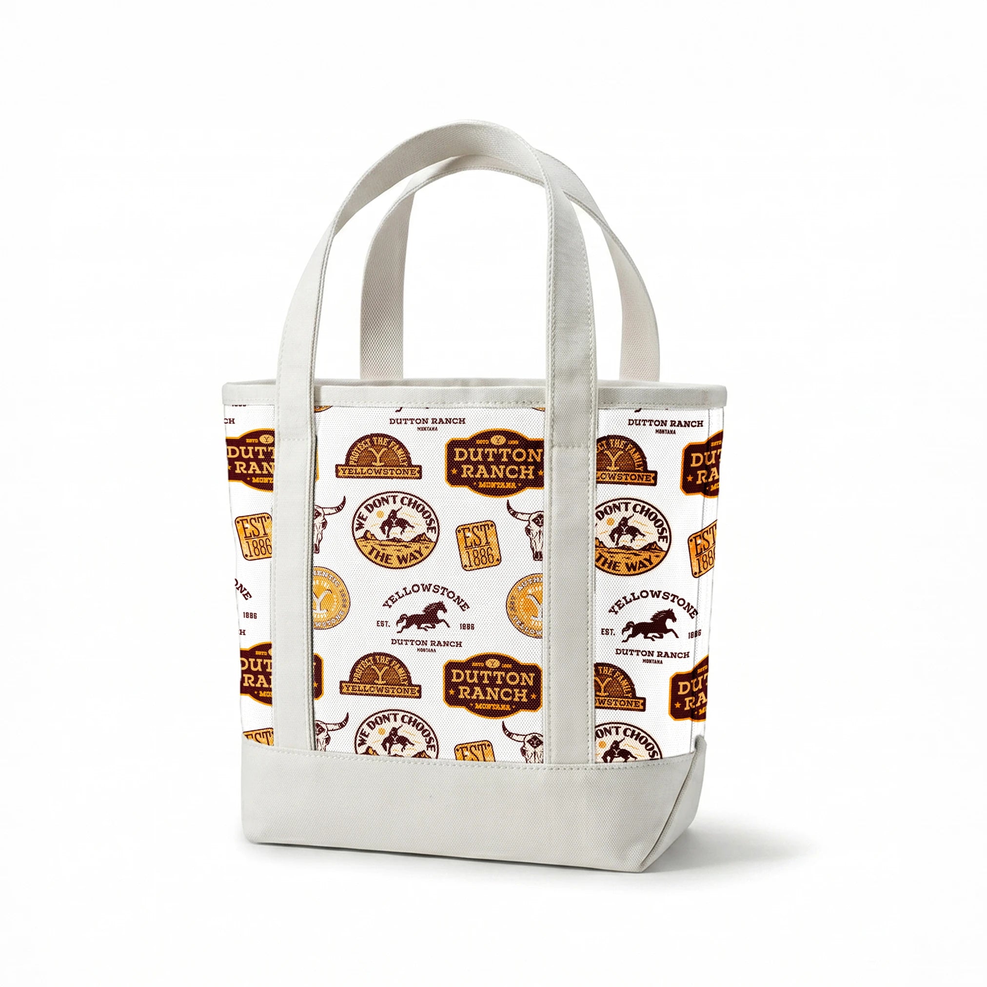 Western patch-style design featuring Dutton Ranch and Yellowstone badges in rustic tones. Great for quilting, crafts, and cowboy-inspired decor. springs canvastote mockup