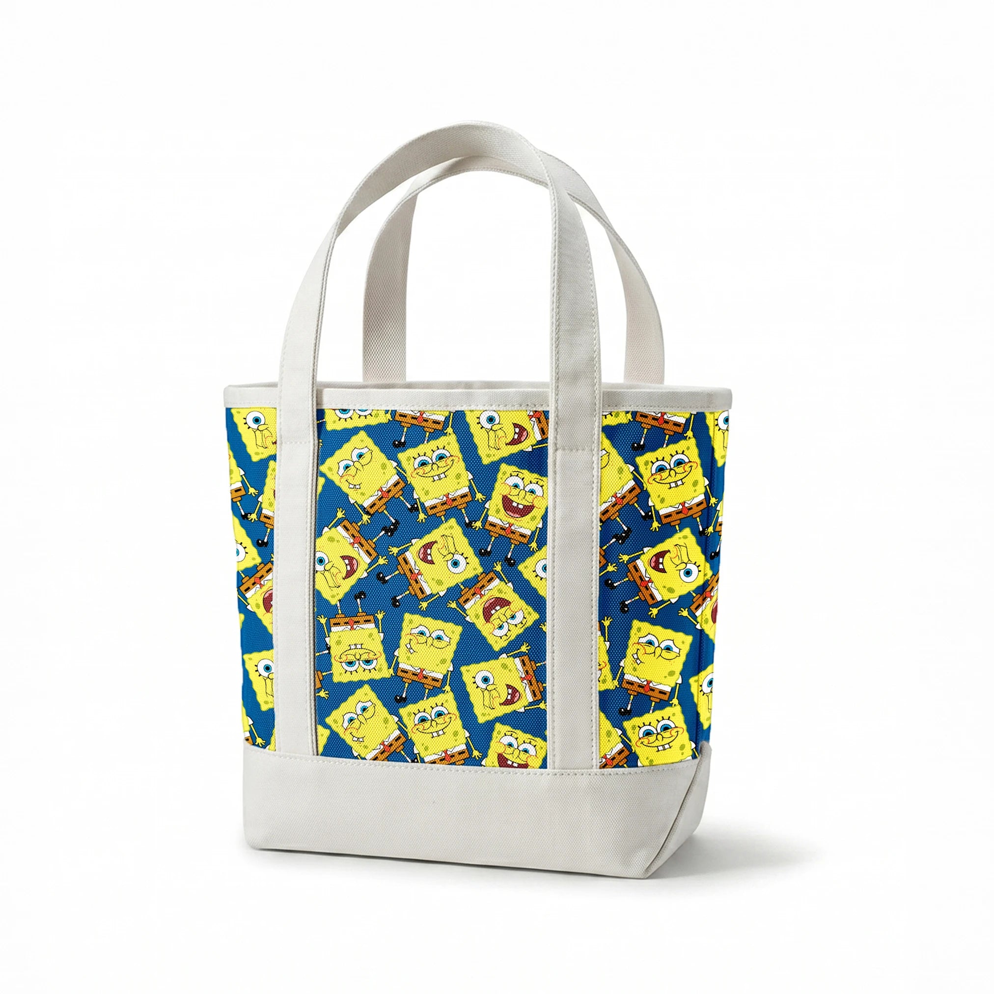 SpongeBob SquarePants pattern featuring various expressions on blue background springs canvastote mockup