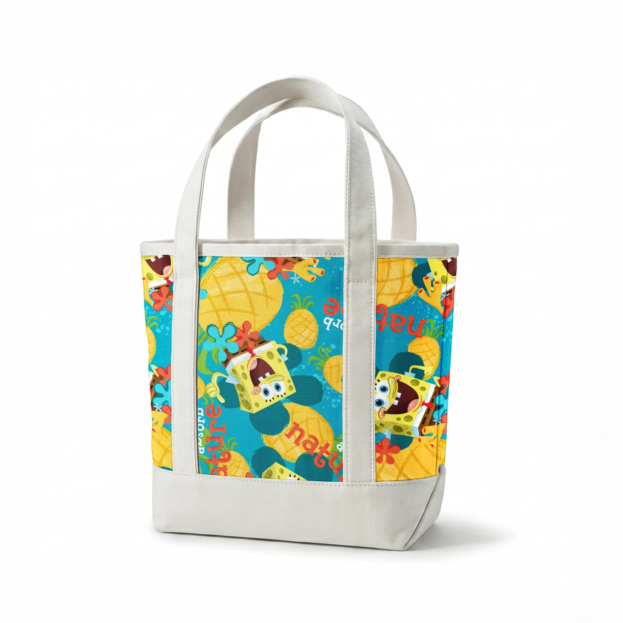 SpongeBob SquarePants pattern with pineapples and flowers on teal background springs canvastote mockup