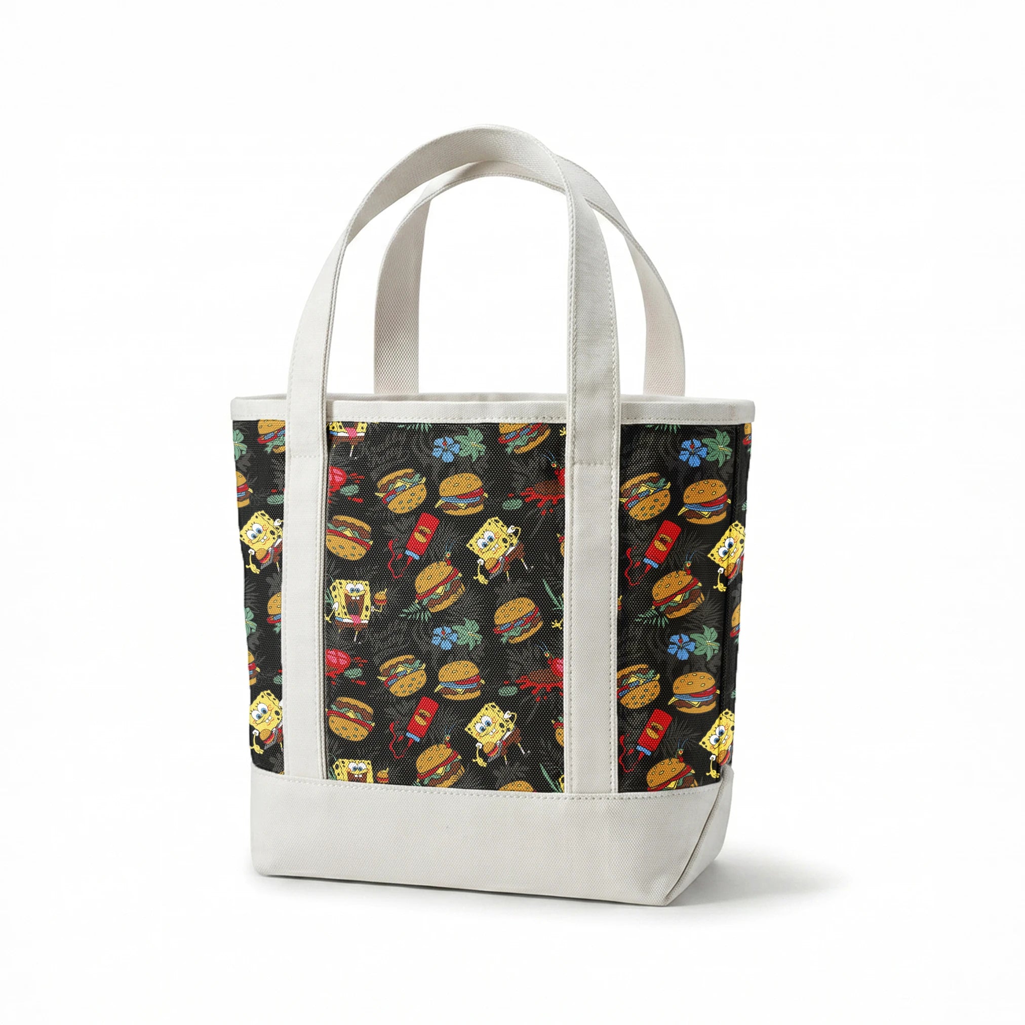 SpongeBob, Plankton, and Krabby Patties with tropical leaves and flowers on a black background in a bold character-themed design. springs canvastote mockup