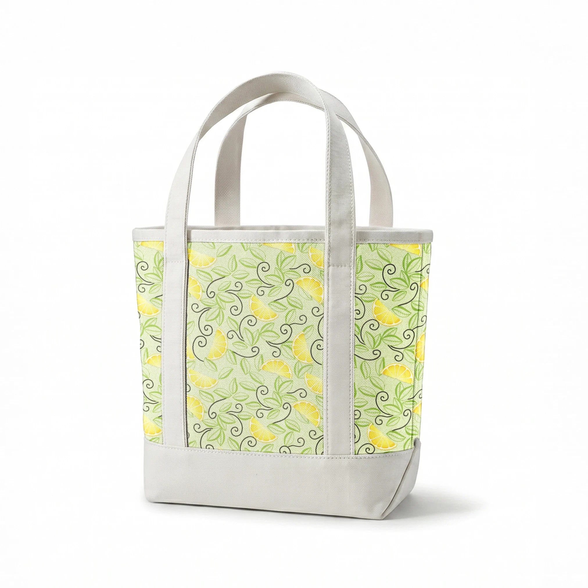 Yellow lemon slices with swirling green leaves on a soft green background in a playful, fresh layout. springs canvastote mockup