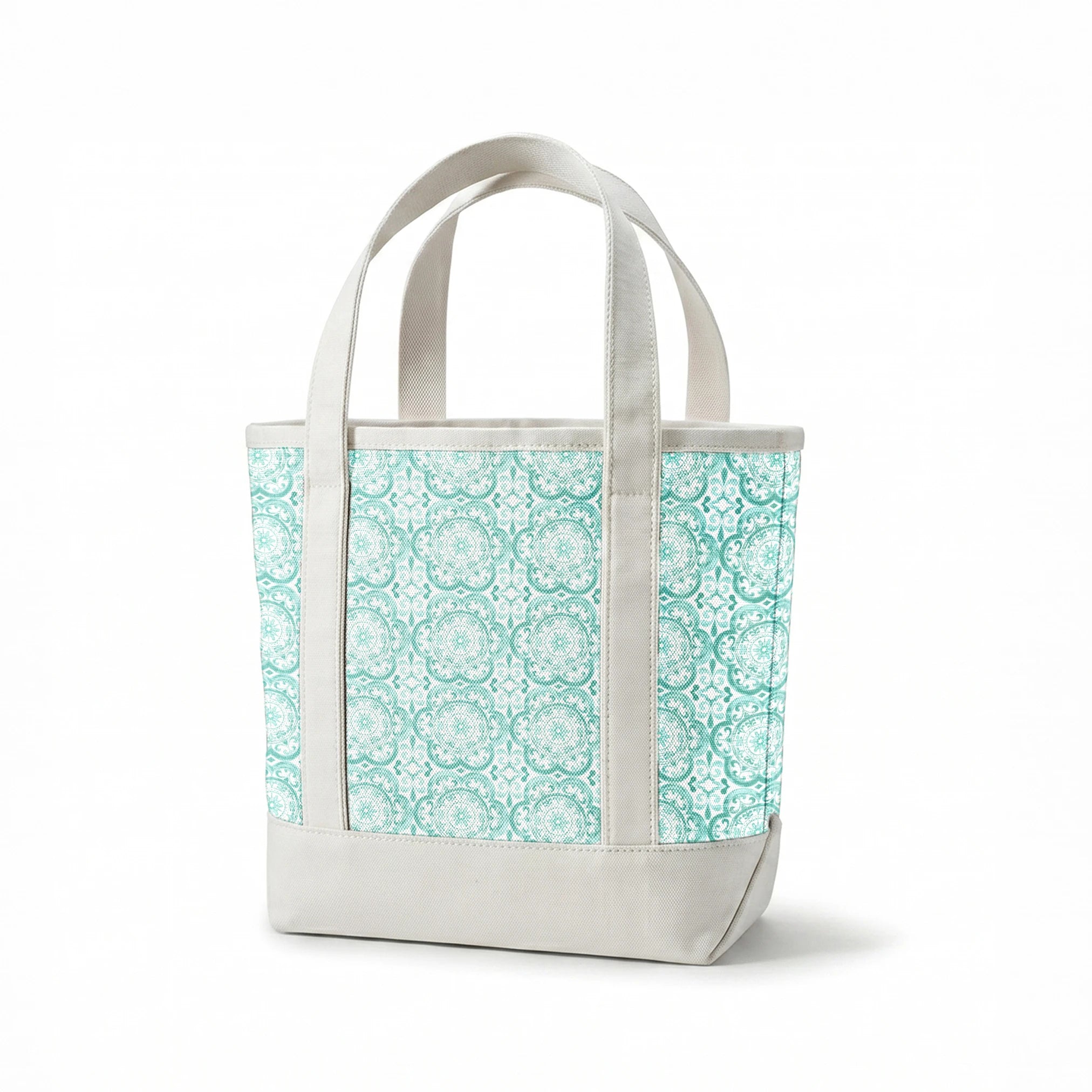 Teal medallion tile-inspired design with intricate floral and scroll details by Nicole Tamarin, from the Squeeze the Day collection. springs canvastote mockup