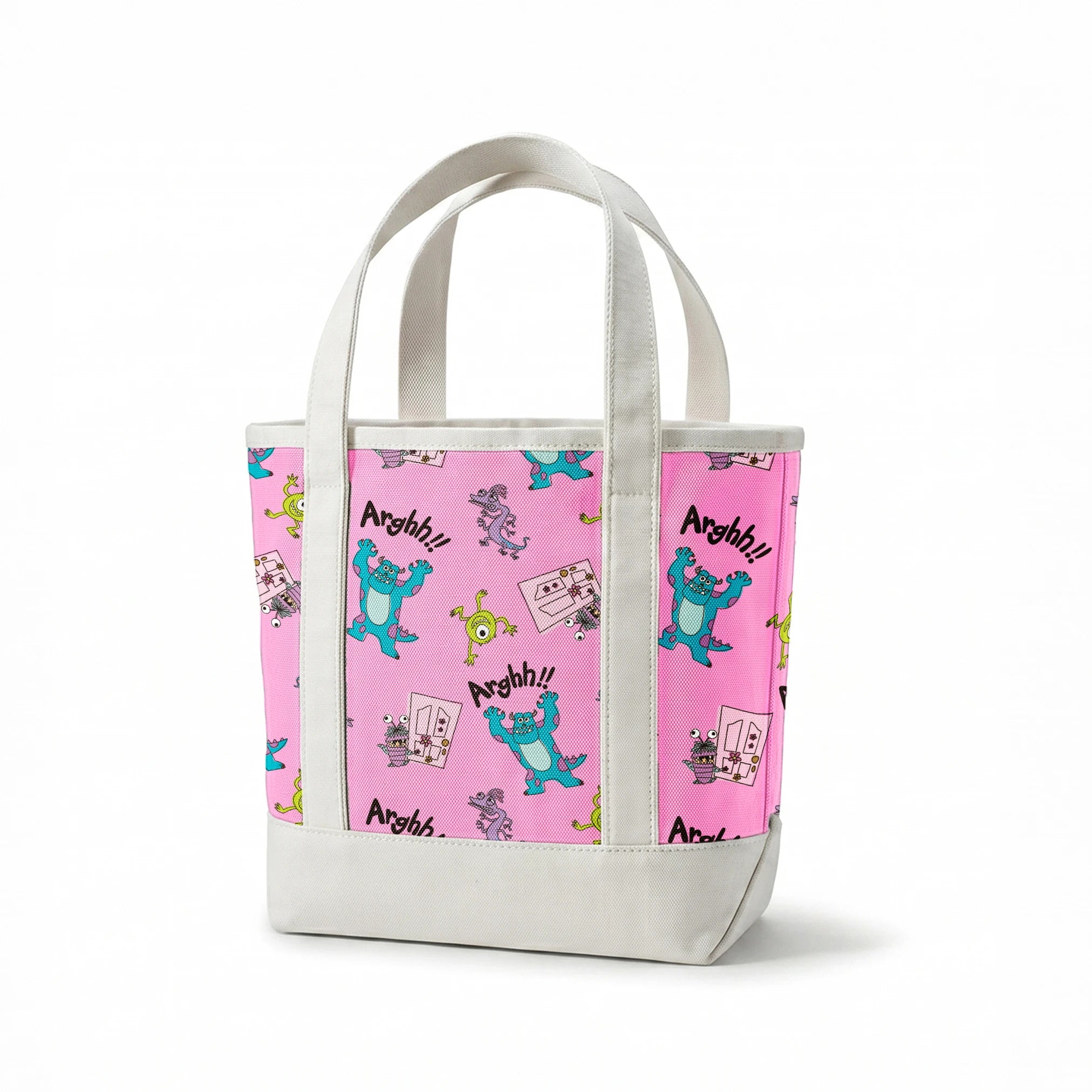 Cartoon monster pattern with blue creatures, green one-eyed characters, and "Arghh!!" text on pink background springs canvastote mockup