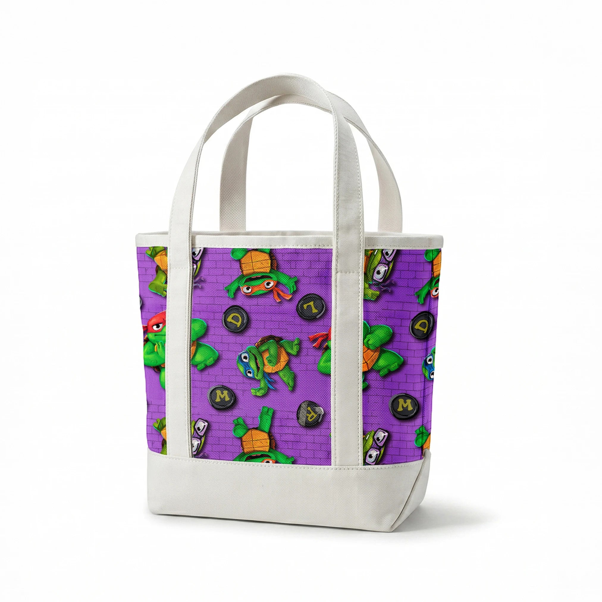 Teenage Mutant Ninja Turtles characters on a purple brick background with lettered manhole covers. springs canvastote mockup
