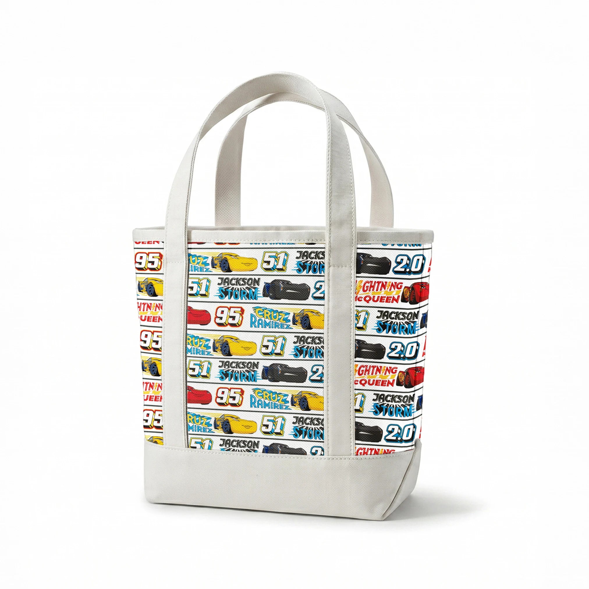 Disney Cars character ribbon with Lightning McQueen 95, Cruz Ramirez 51, and Jackson Storm 20 repeated pattern springs canvastote mockup
