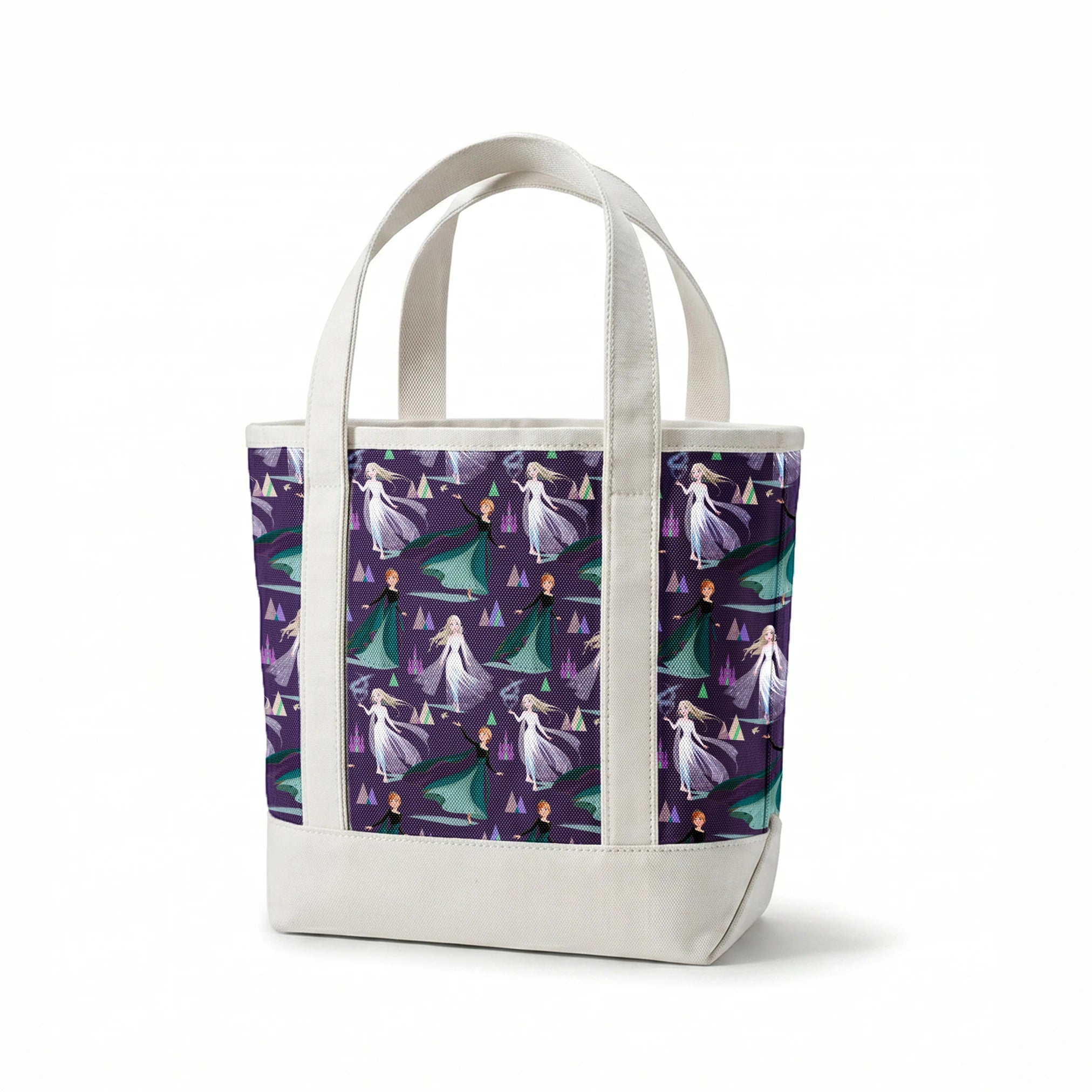 Frozen characters and ice castles on purple background, magical fantasy pattern springs canvastote mockup
