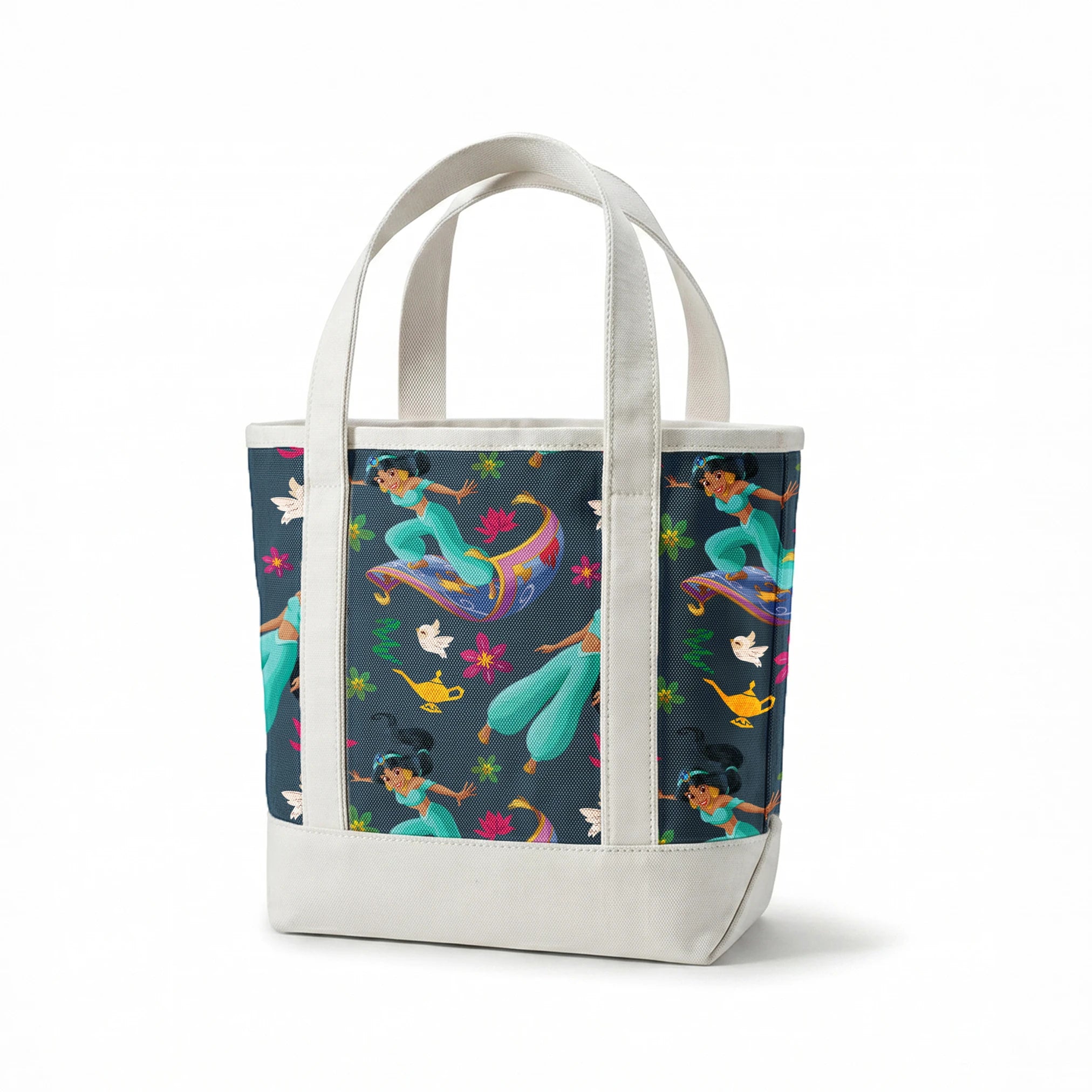 Animated characters in turquoise outfits flying on magic carpets with white doves, lotus flowers, and a golden lamp against dark background. springs canvastote mockup
