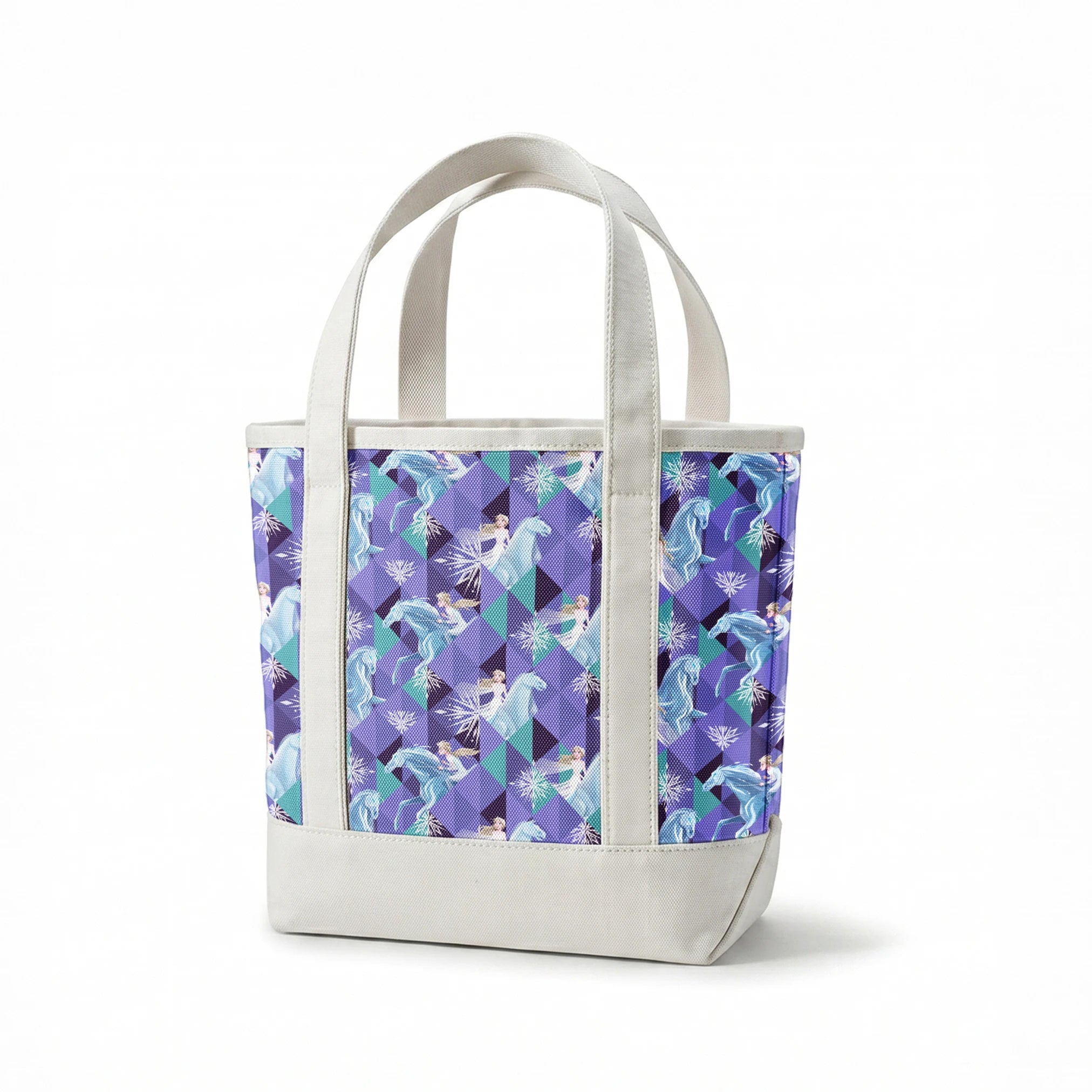 Disney's Frozen pattern with Elsa on horses against purple geometric background with snowflakes springs canvastote mockup