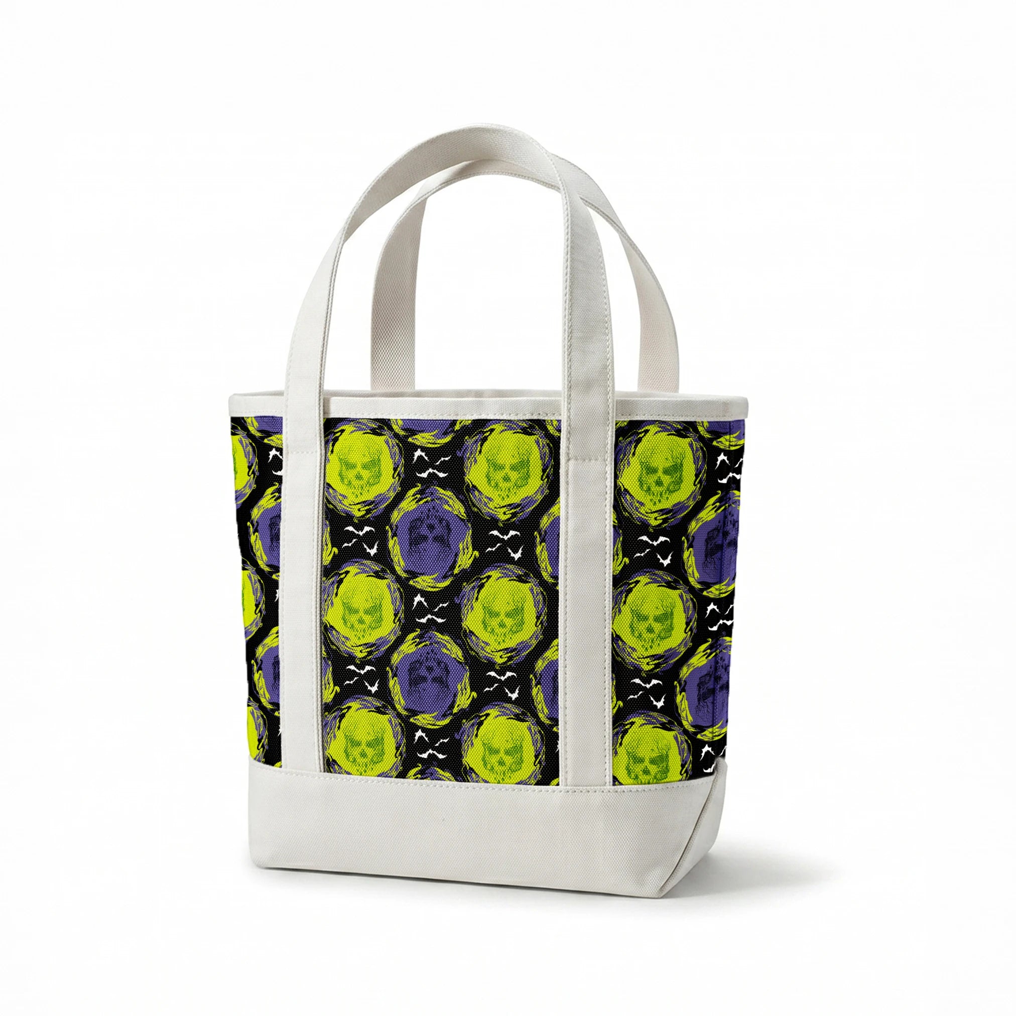 Repeating pattern of neon green and purple skulls with swirling effects on black background with white bats springs canvastote mockup