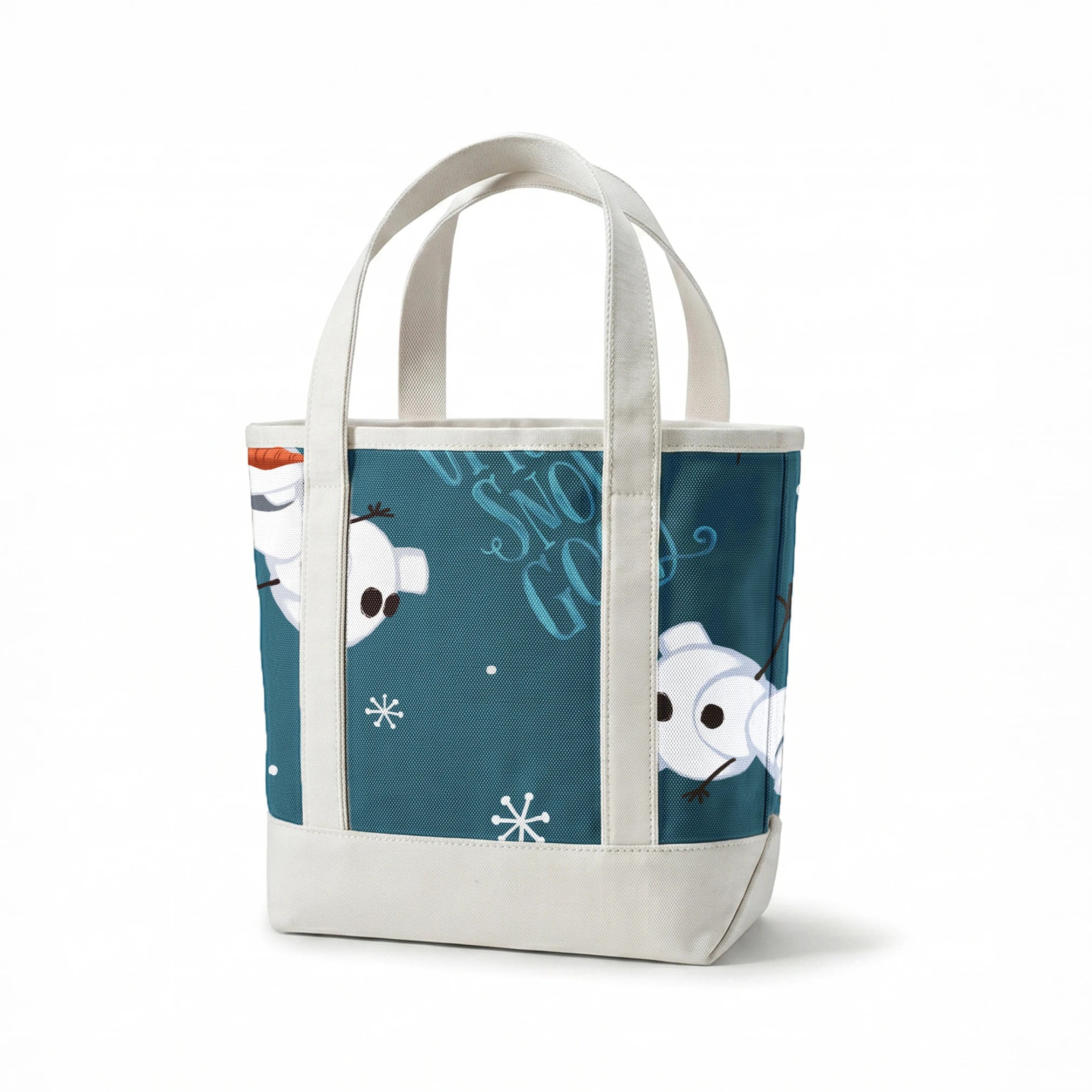 Playful Olaf pattern with "Let It Snow" text on teal background with snowflakes springs canvastote mockup