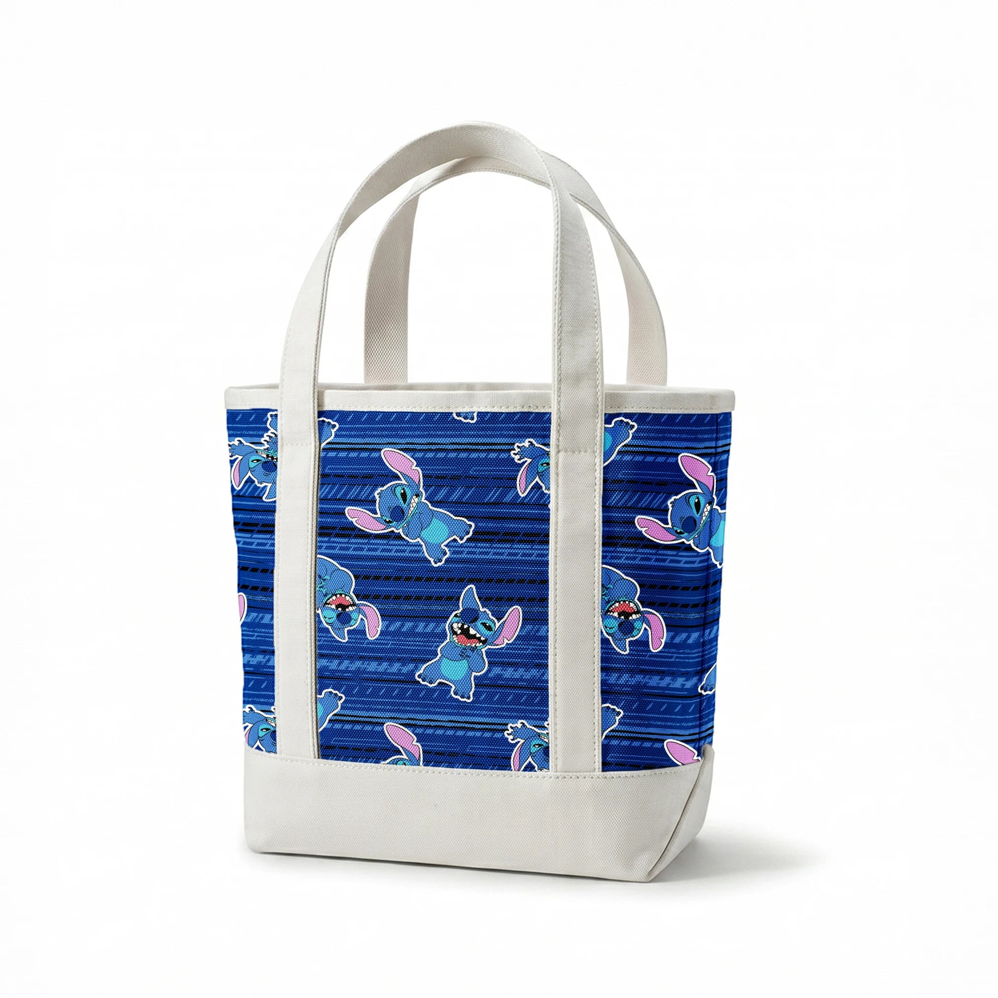 Blue background with Disney Stitch characters in various playful poses, featuring blue fur and pink ears springs canvastote mockup