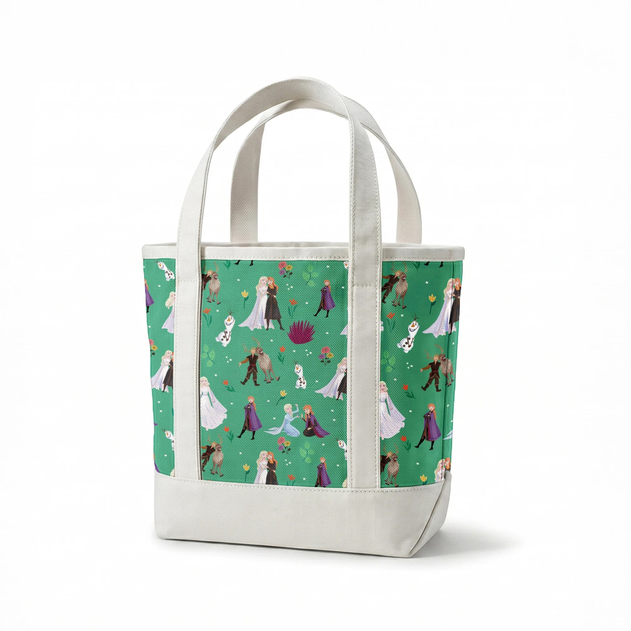 Pattern of animated characters from Frozen including Olaf the snowman, characters in formal attire, and colorful flowers on a green background. springs canvastote mockup