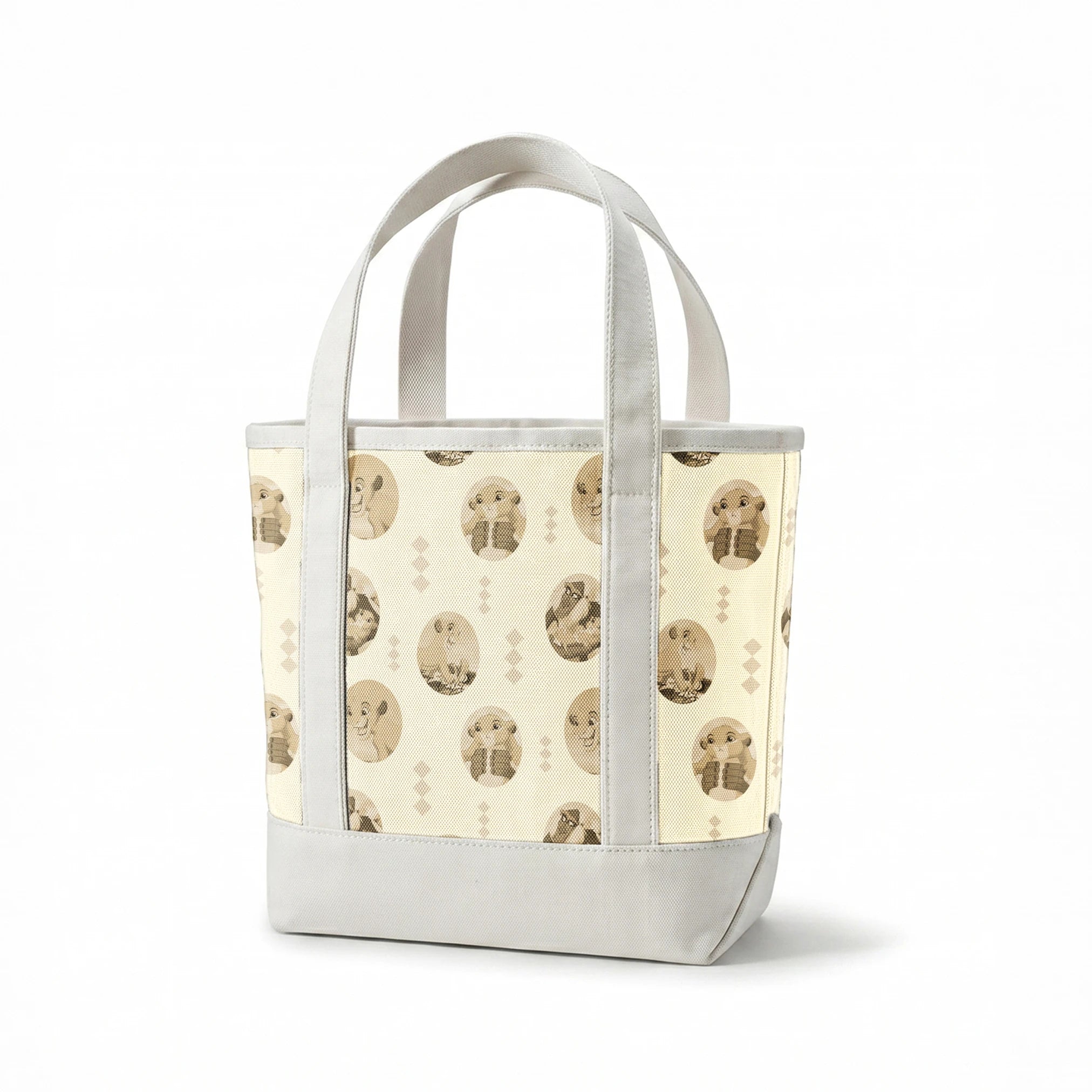 Lion King characters in sepia tone portraits on cream background with diamond pattern springs canvastote mockup