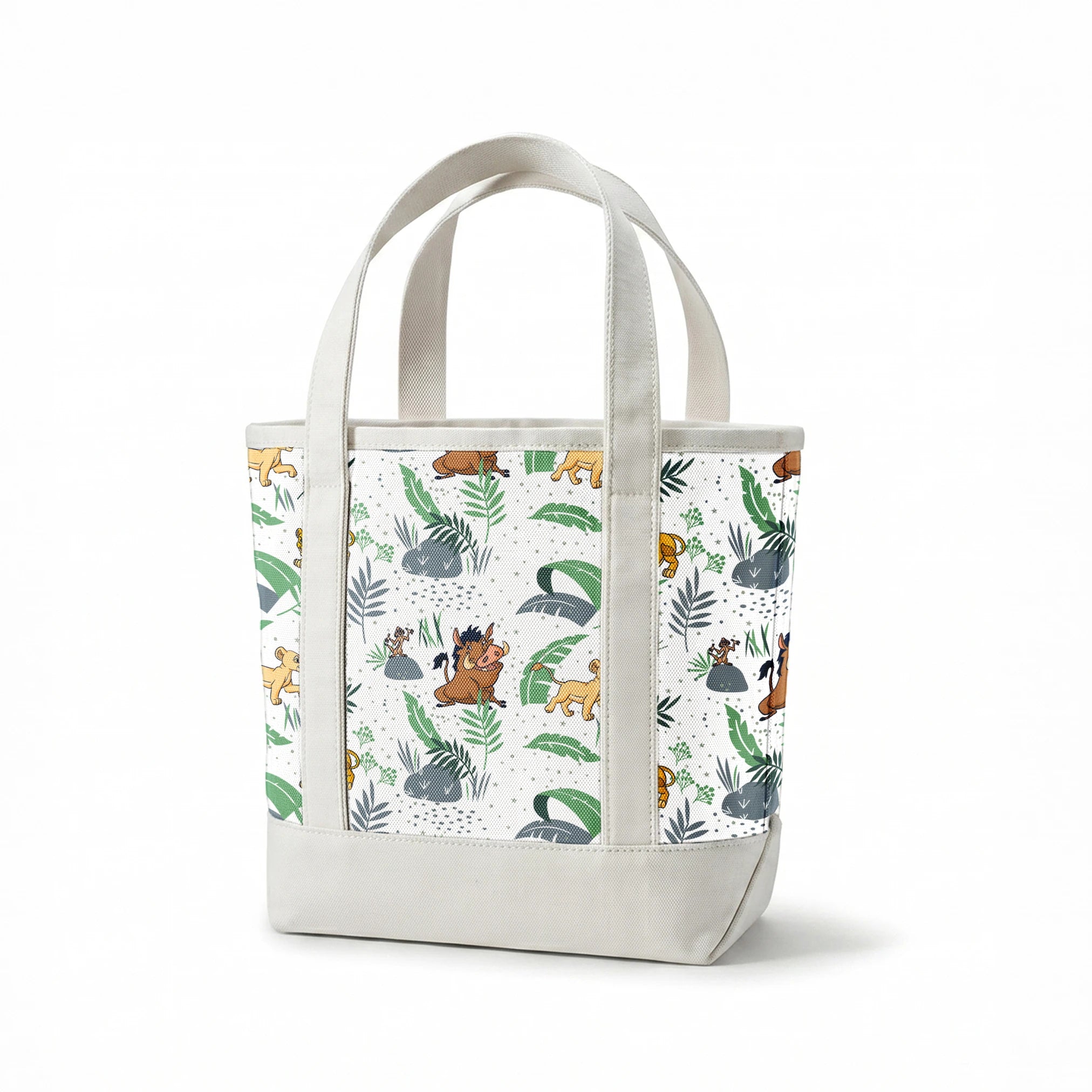 Cartoon lion cubs playing among tropical leaves and plants in green and blue tones on white background springs canvastote mockup