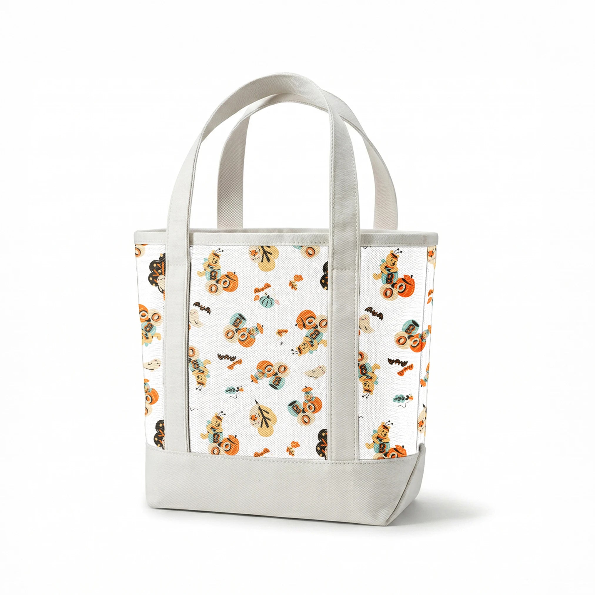 Halloween-themed pattern with Winnie the Pooh characters, pumpkins, and autumn motifs in orange, teal and black on white background. springs canvastote mockup