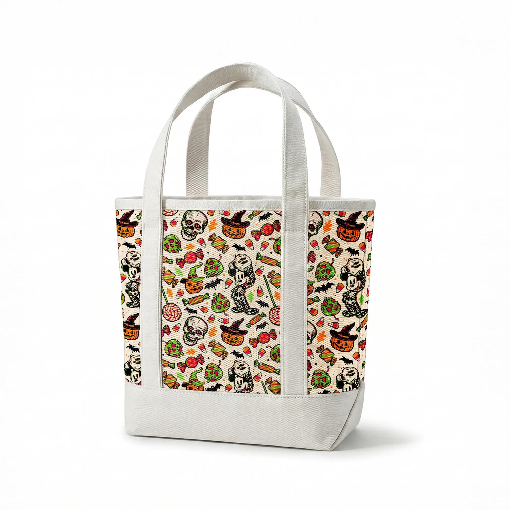 Halloween pattern with skulls, pumpkins, candy corn, wrapped candies, lollipops, bats, and autumn leaves on cream background springs canvastote mockup