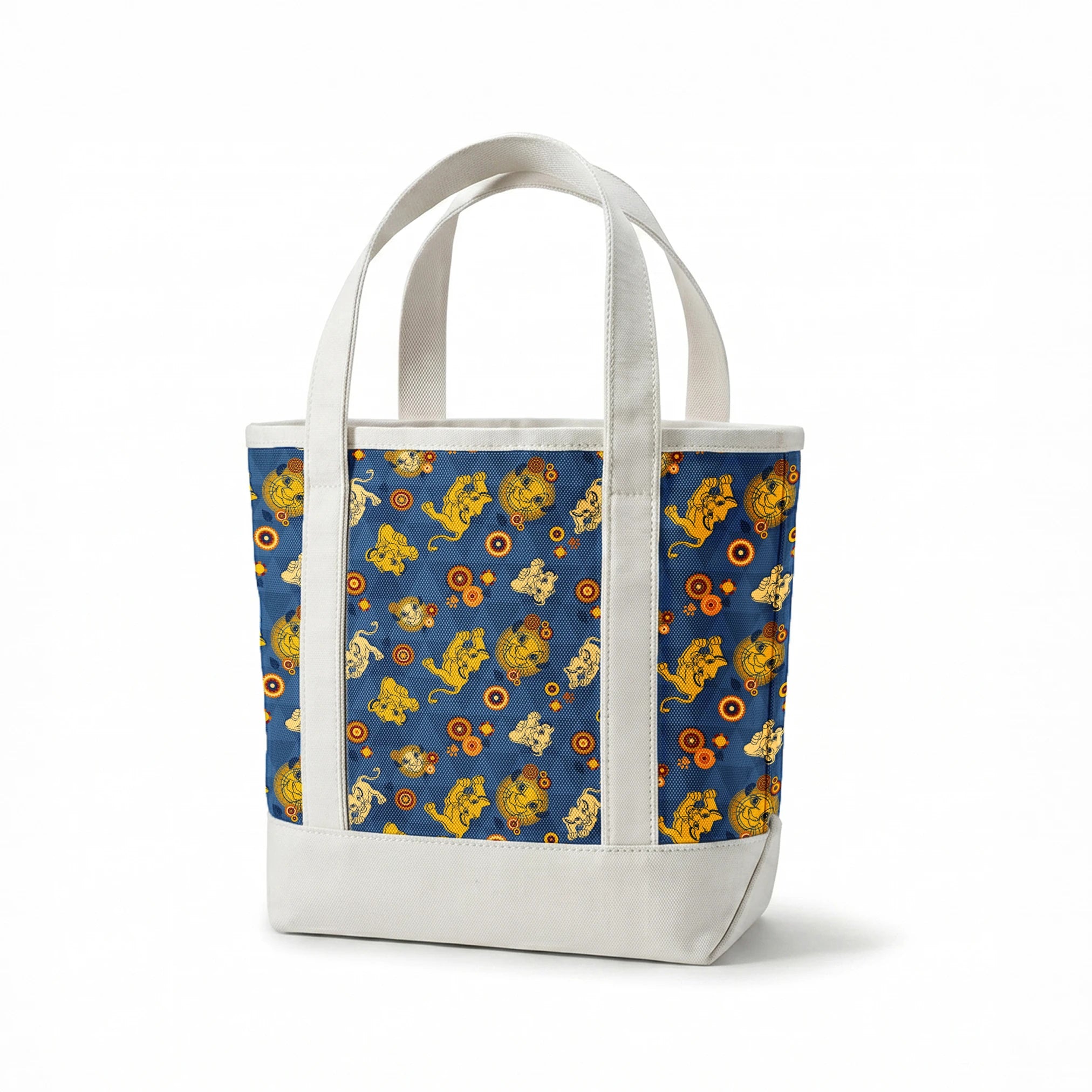 Geometric pattern with yellow lion figures and circular designs on blue triangular background springs canvastote mockup