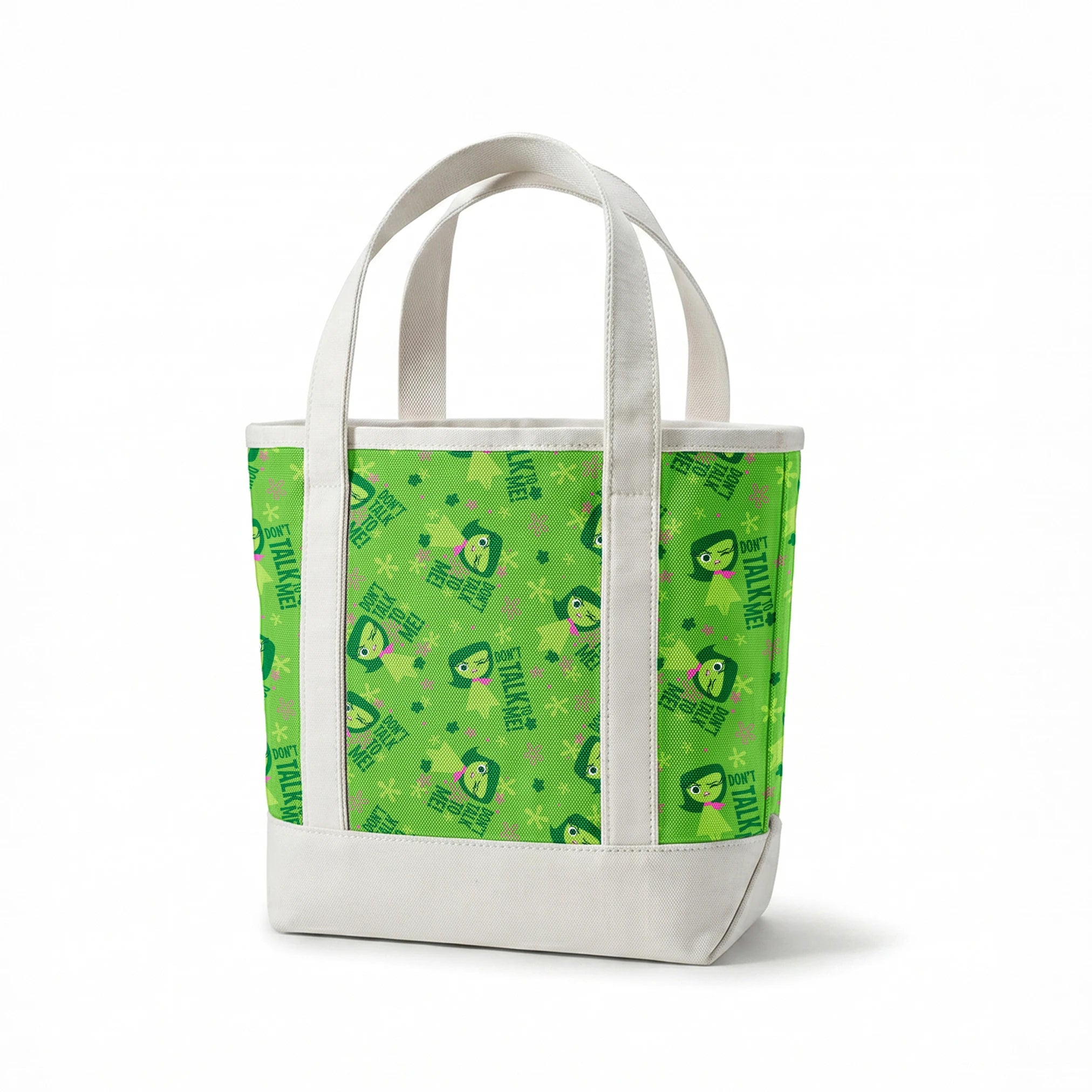 Green background with Disgust from Inside Out and "Don't Talk To Me" text, featuring stars and floral elements springs canvastote mockup