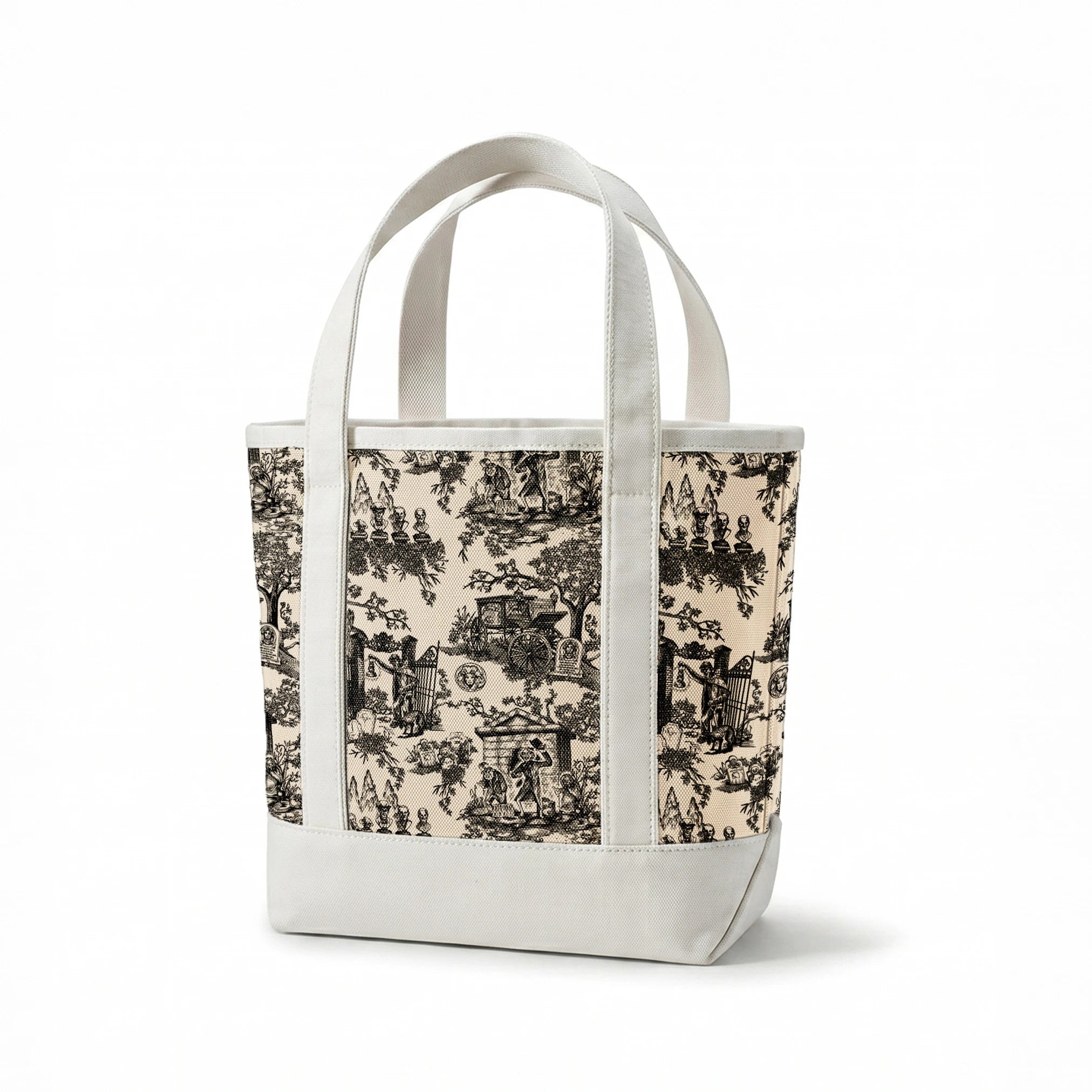 Black and white toile pattern with garden scenes, architectural elements, and decorative figures in a classical style springs canvastote mockup
