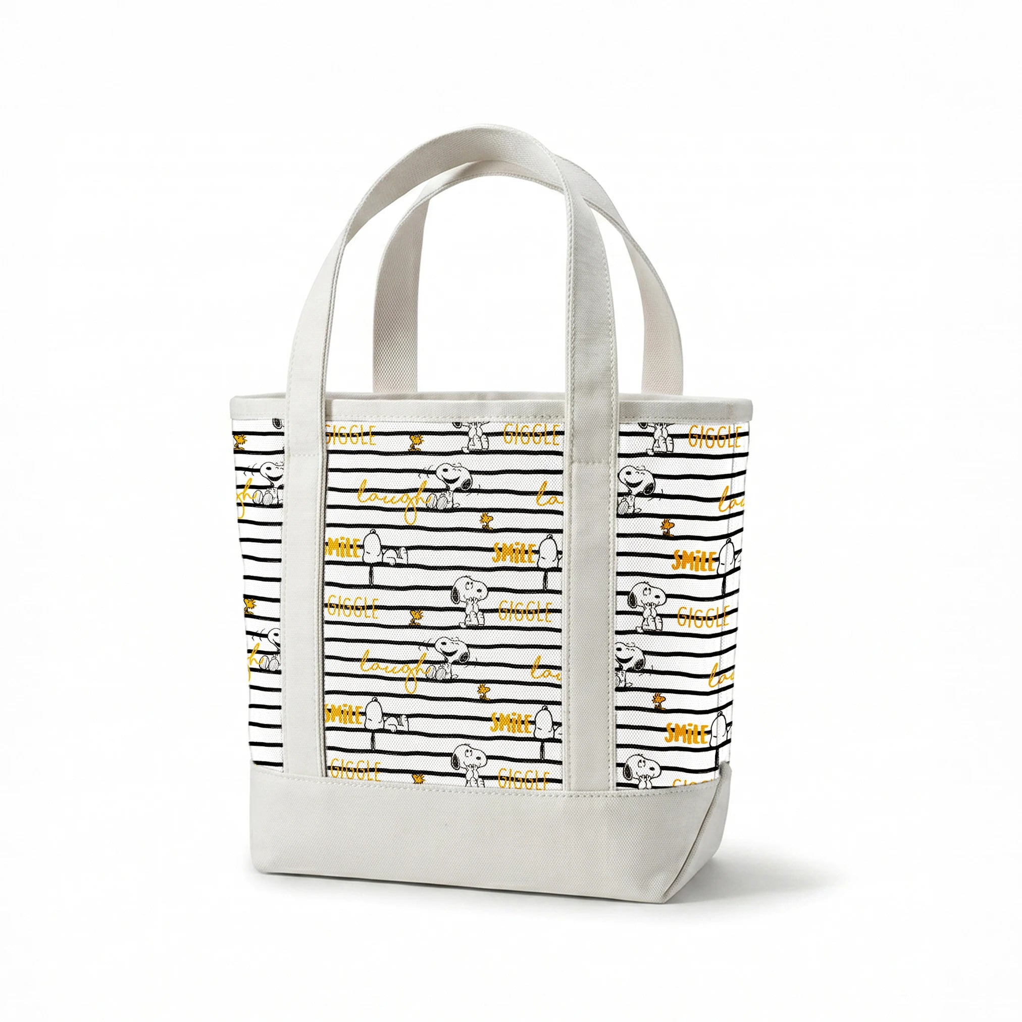 Black and white striped pattern with Snoopy and Woodstock, yellow text saying "giggle," "laugh," "smile springs canvastote mockup