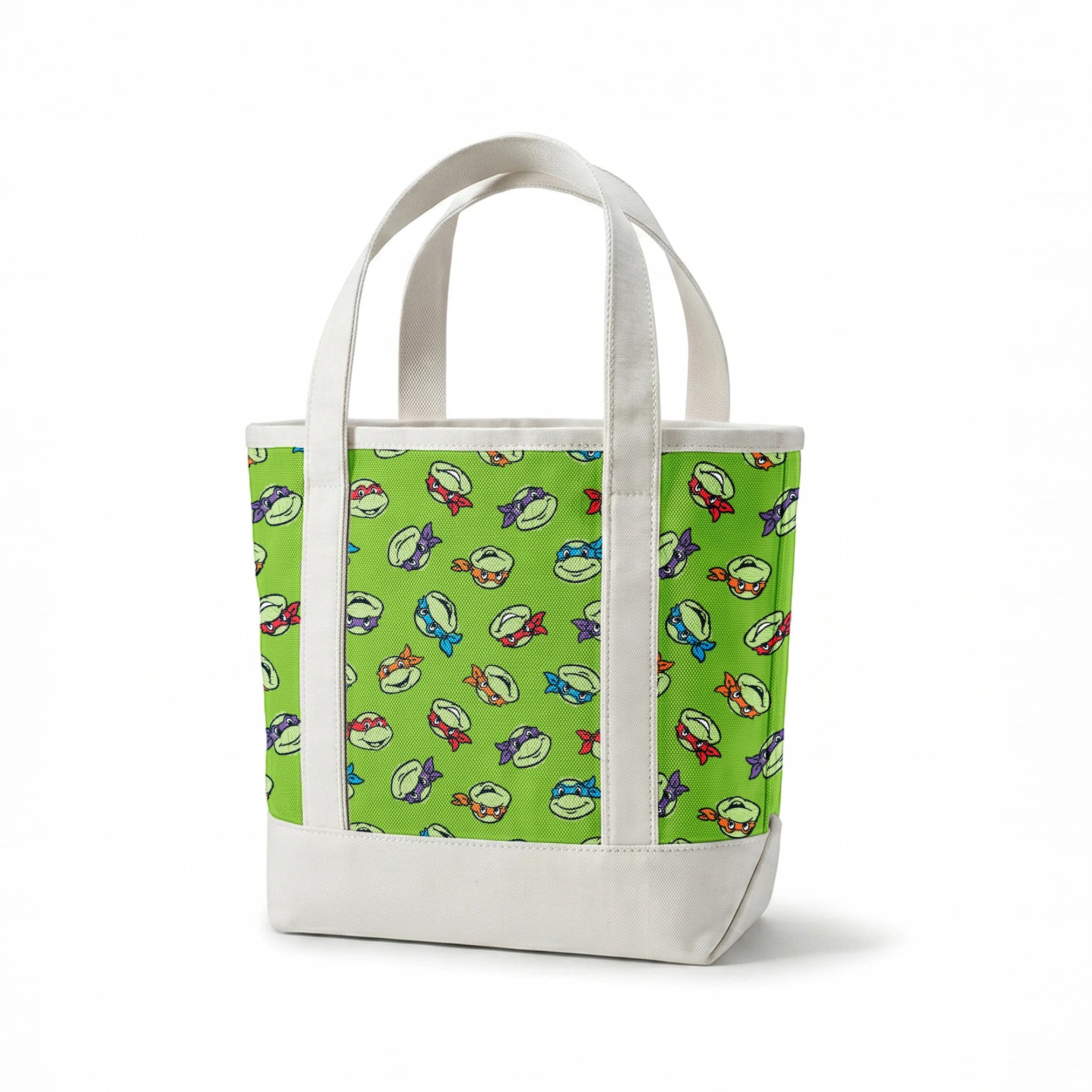 Teenage Mutant Ninja Turtles scattered on bright green background springs canvastote mockup
