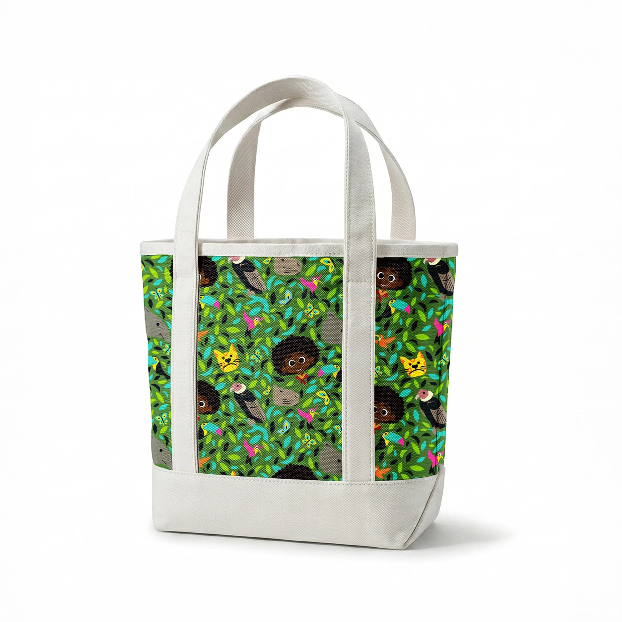 Colorful illustration with children, birds, butterflies, and animals among vibrant green foliage. springs canvastote mockup