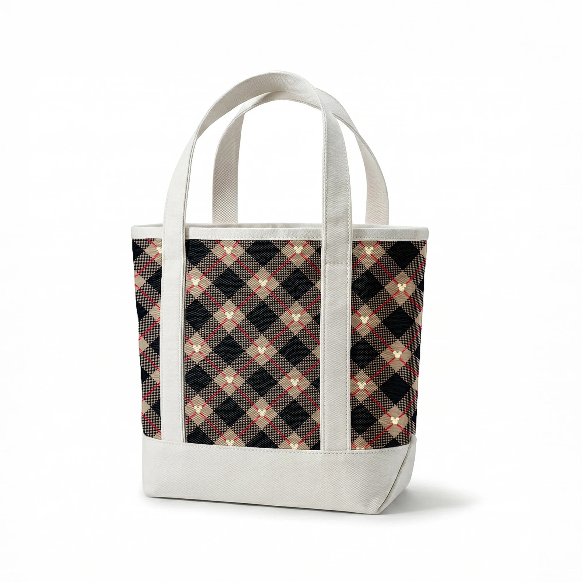 Diagonal plaid pattern with navy, beige, red stripes, checkered sections and small white circular details springs canvastote mockup