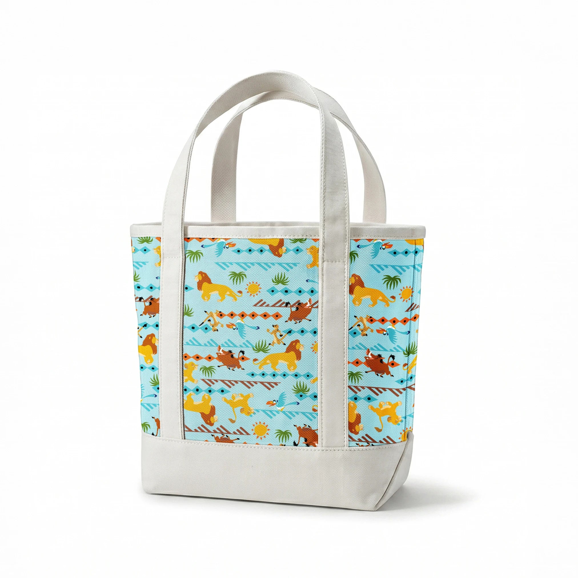 Colorful pattern with cartoon lions, palm trees, and sun designs on a light blue background springs canvastote mockup