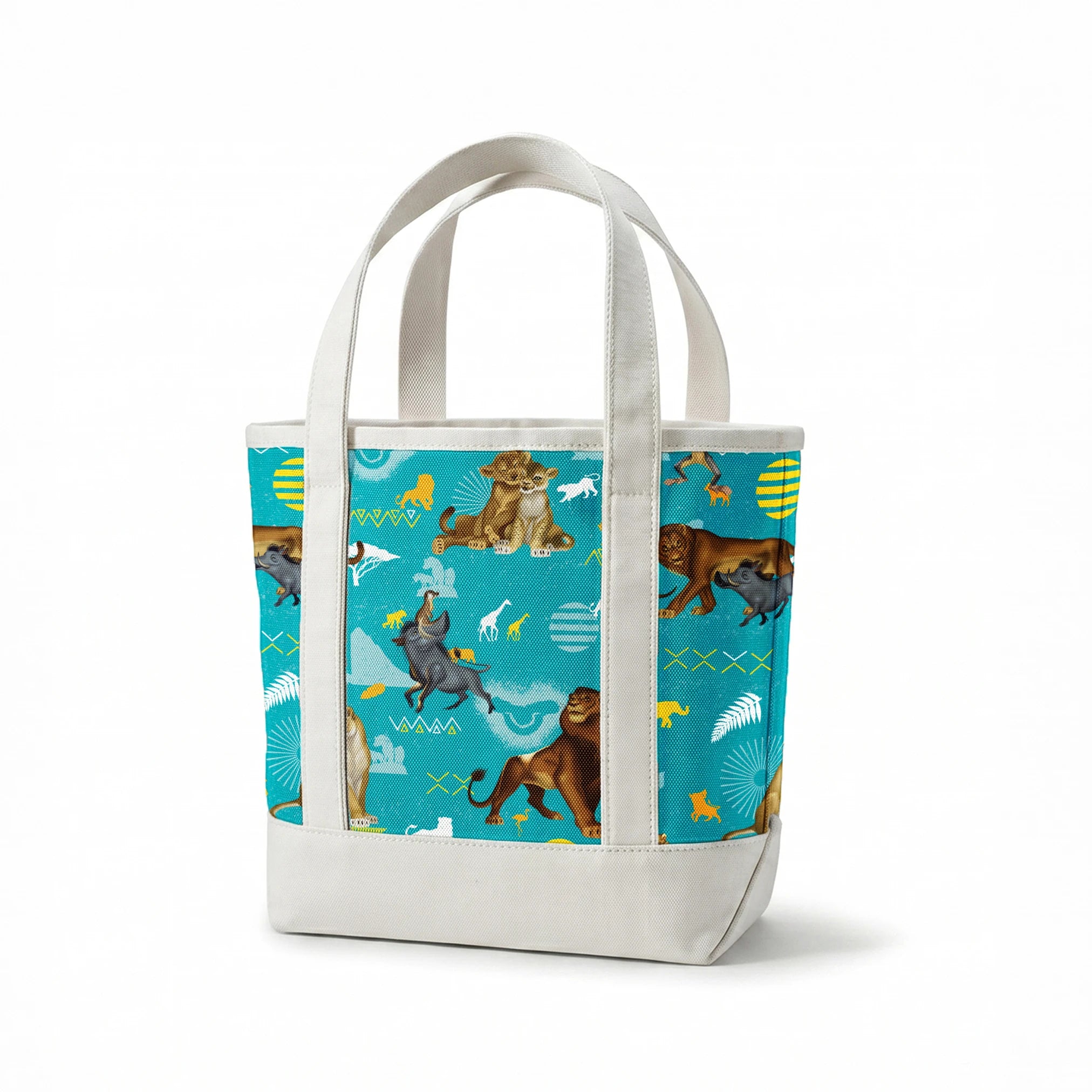 Animated lions pattern on turquoise background with geometric shapes and tribal designs springs canvastote mockup