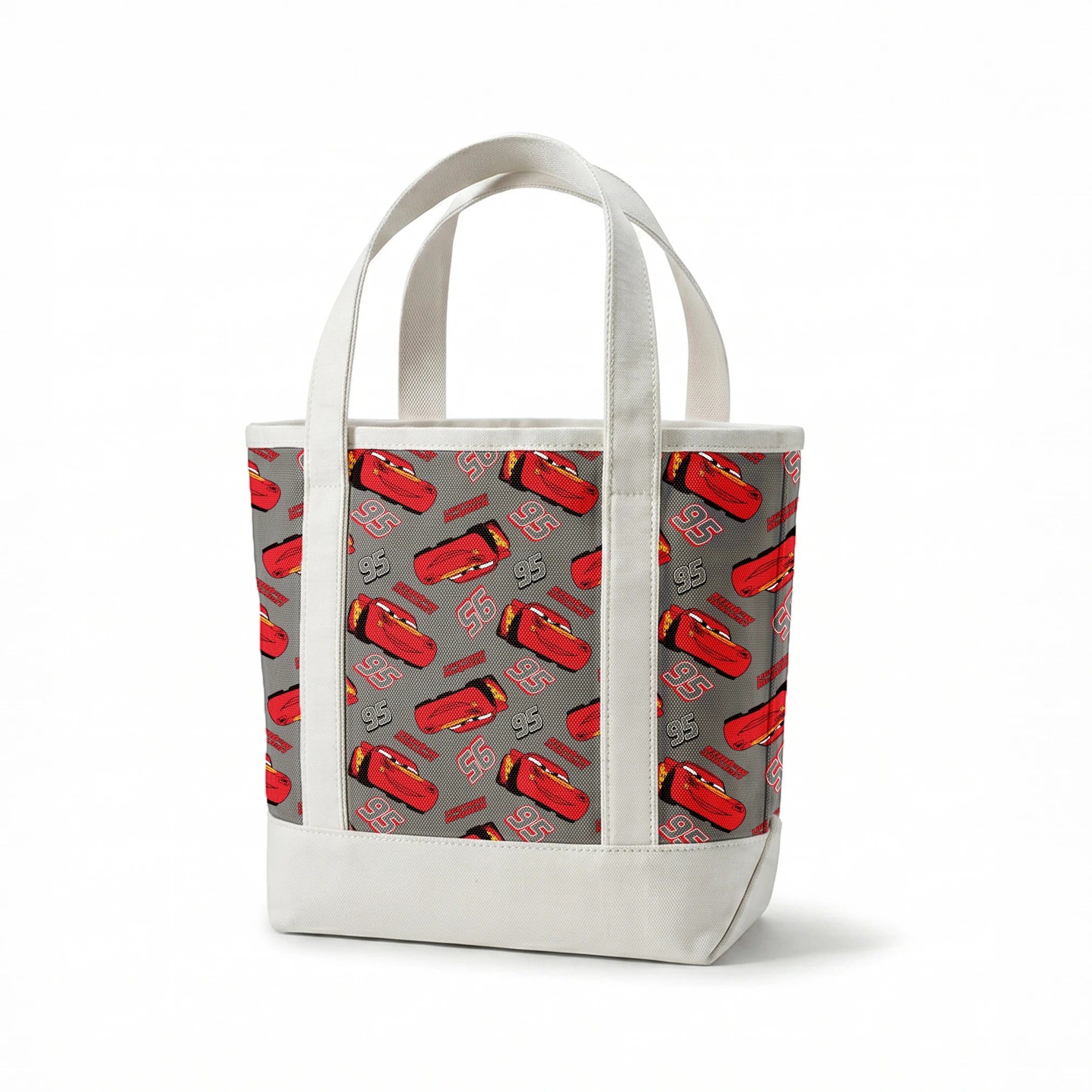 Lightning McQueen pattern with red race cars and number 95 on gray background springs canvastote mockup