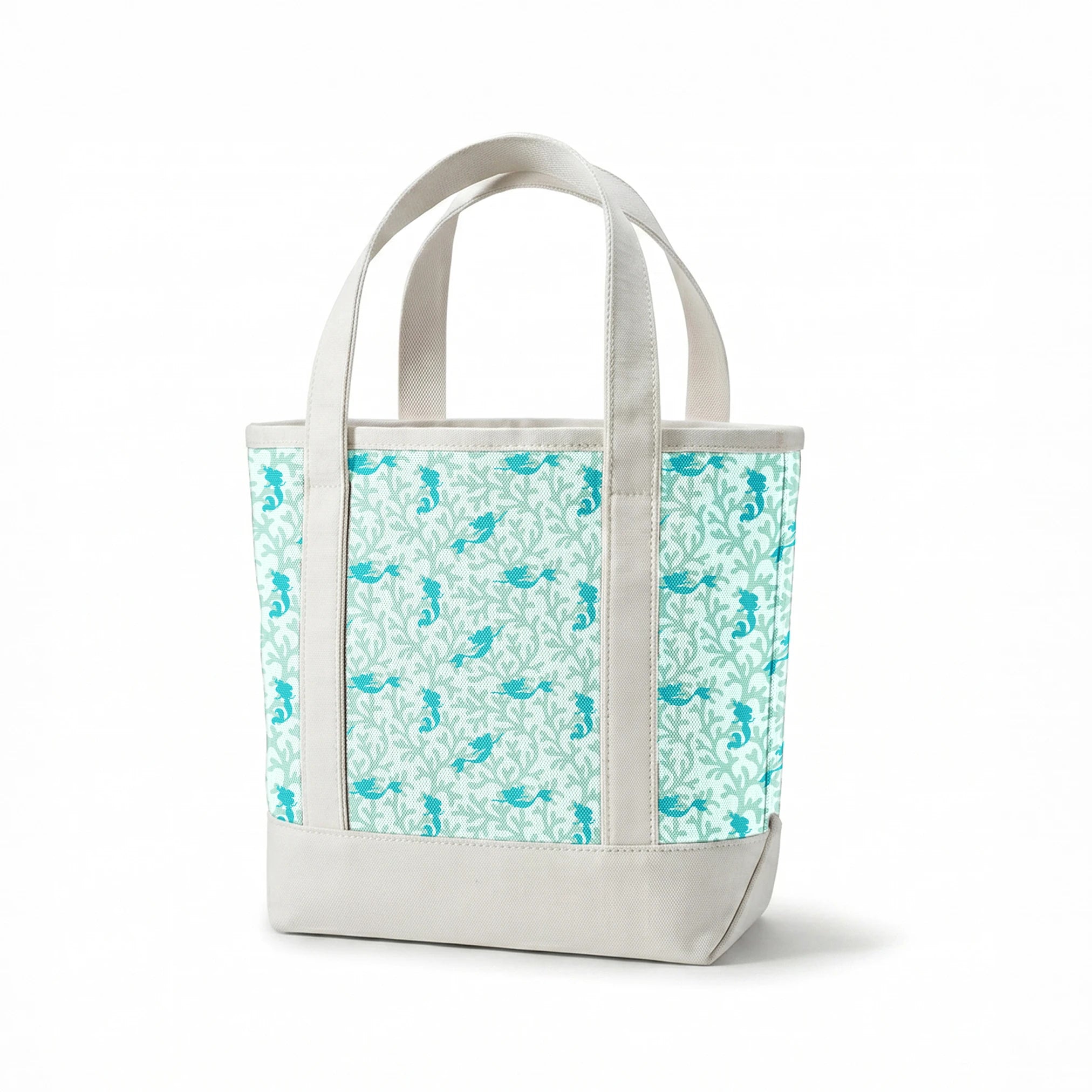 Abstract pattern with light mint green coral shapes and The Little Mermaid silhouettes springs canvastote mockup
