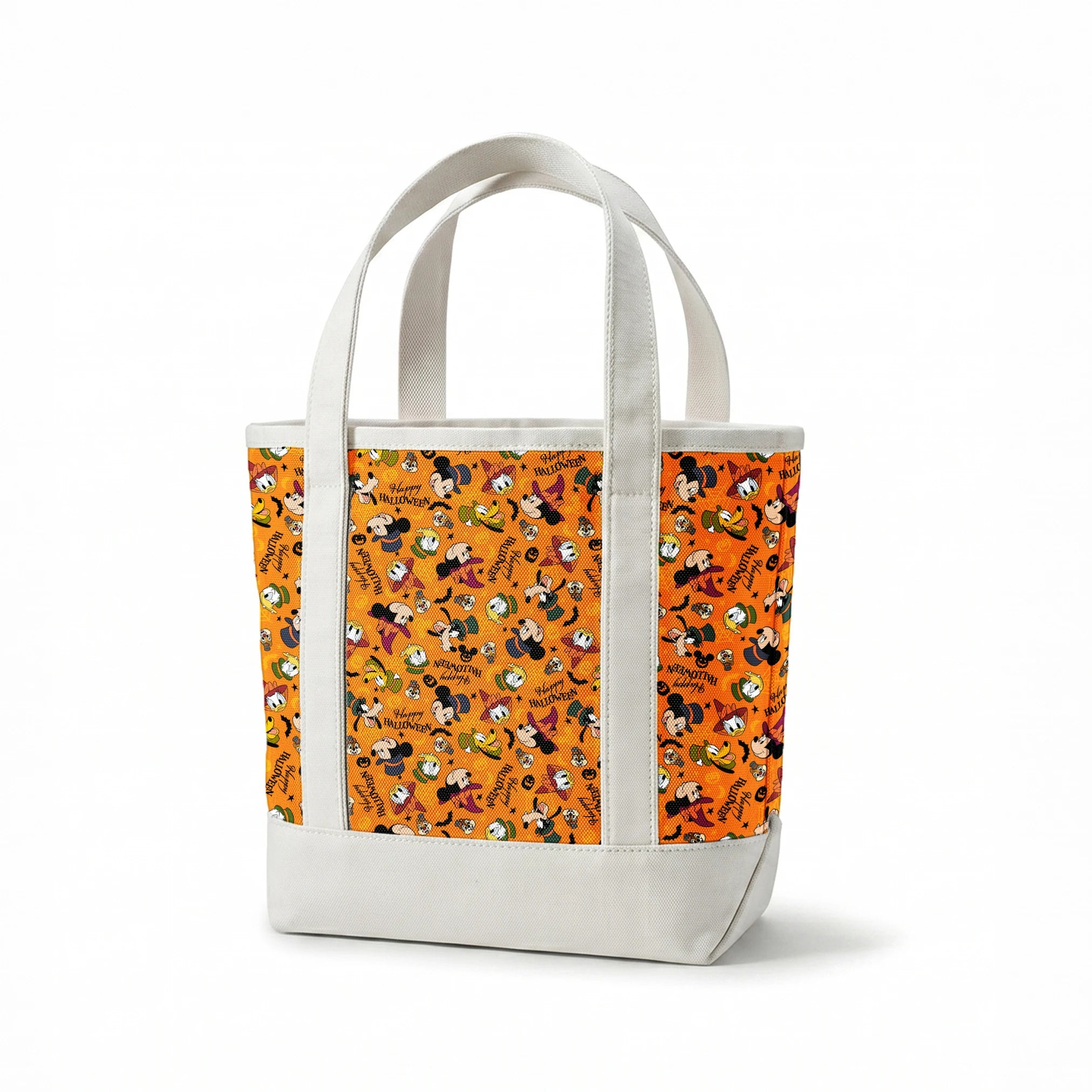 Disney characters in Halloween costumes on orange background with pumpkins and "Happy Halloween" text springs canvastote mockup