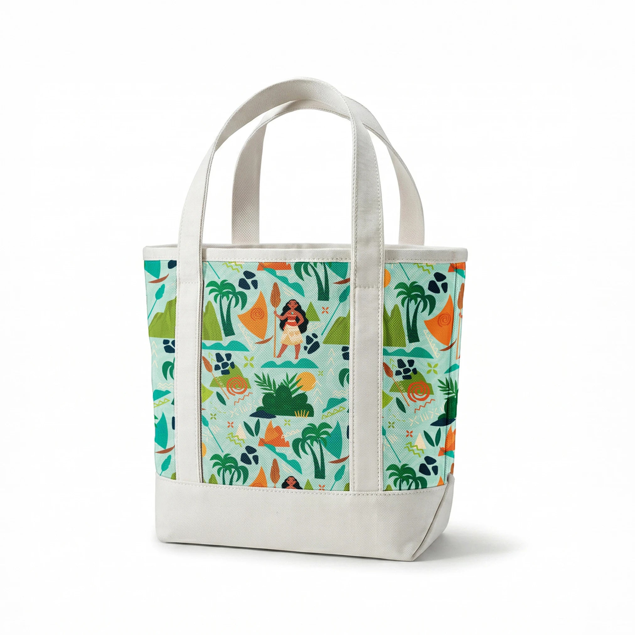 Tropical pattern with palm trees, mountains, sailboats and Polynesian-inspired motifs on mint green springs canvastote mockup
