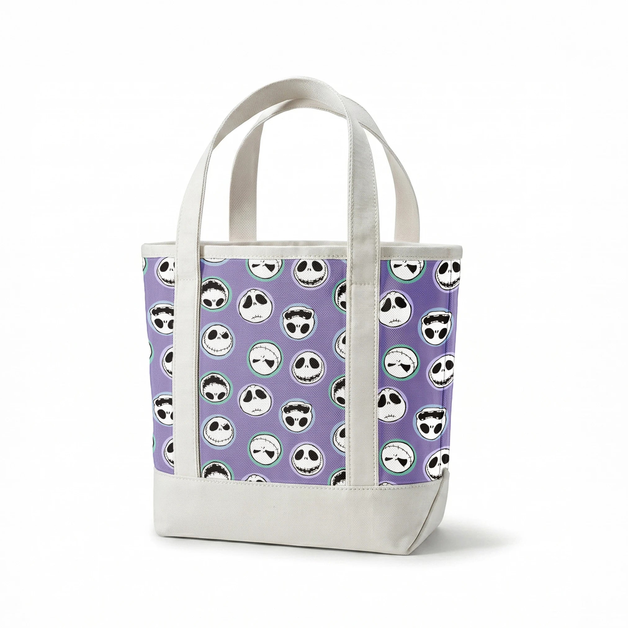 Repeating skull faces with stitched mouths and large eyes on purple background in cartoon style springs canvastote mockup