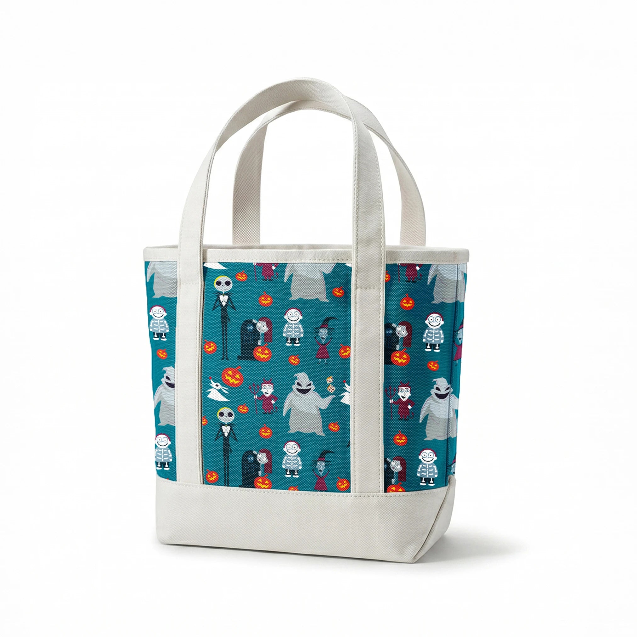 Halloween characters pattern with ghost, skeleton, witch, and pumpkins on teal background in cartoon style springs canvastote mockup