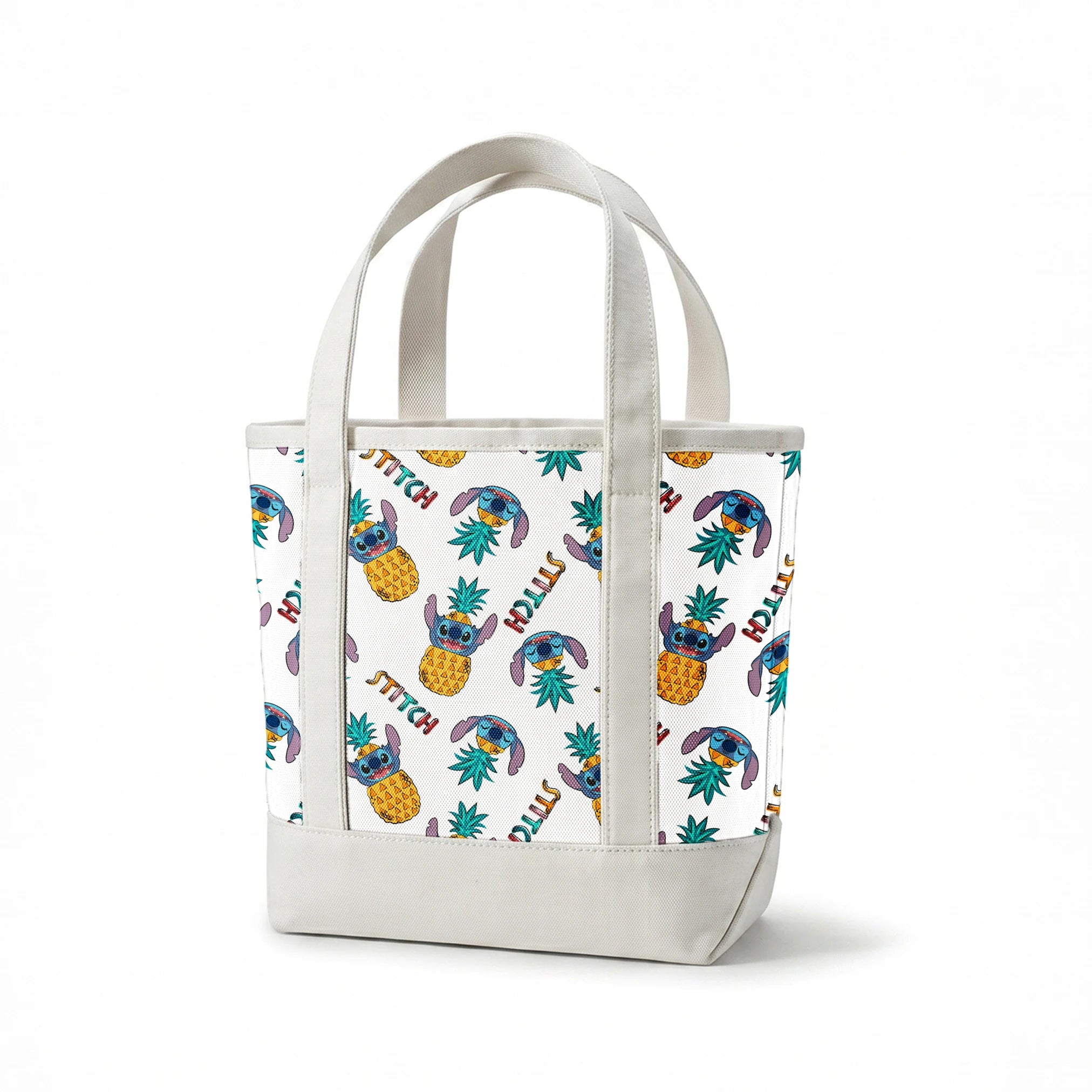 Colorful pattern of cartoon blue creatures with long ears inside pineapples, with "Stitch" text springs canvastote mockup